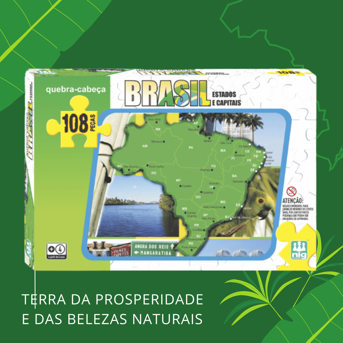 Quebra Cabeça Mapa Brasil Infantil 108 Peças Concentração 42cm x 28cm 4 Anos Nig Brinquedos-0282