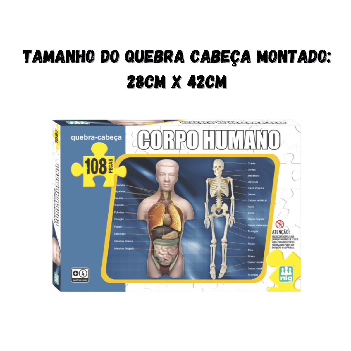 Quebra Cabeça Corpo Humano Infantil 108 Peças Passatempo 28cm x 42cm +4 Anos Nig Brinquedos - 0285