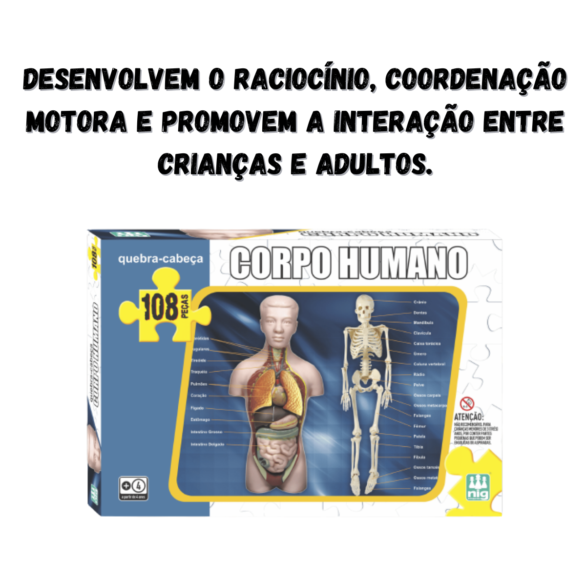 Quebra Cabeça Corpo Humano Infantil 108 Peças Passatempo 28cm x 42cm +4 Anos Nig Brinquedos - 0285
