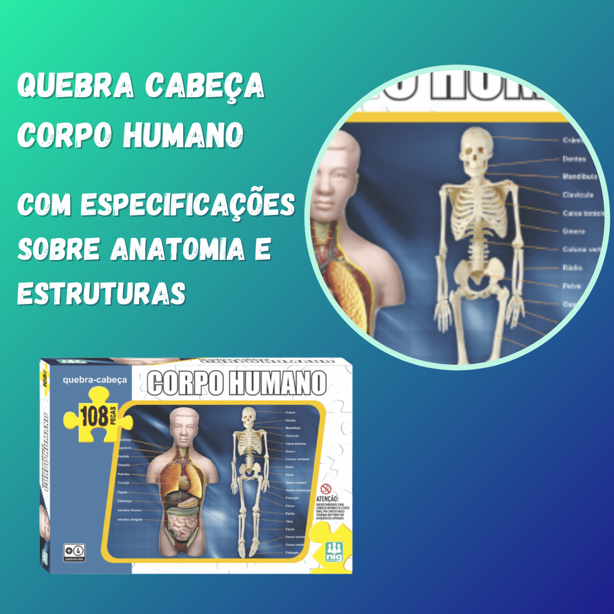 Quebra Cabeça Corpo Humano Infantil 108 Peças Passatempo 28cm x 42cm +4 Anos Nig Brinquedos - 0285