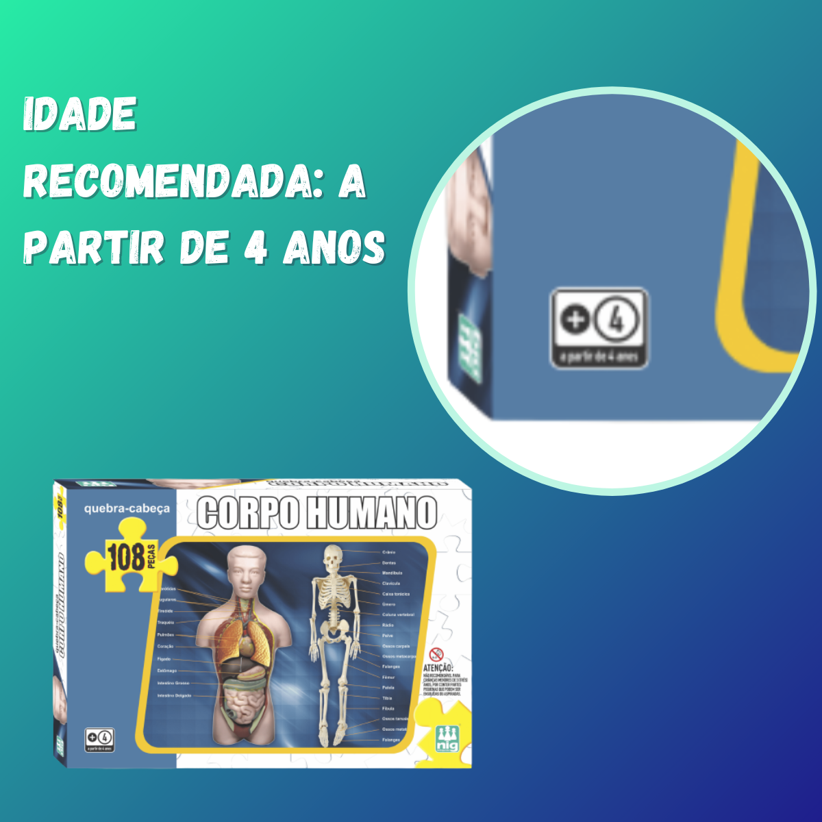 Quebra Cabeça Corpo Humano Infantil 108 Peças Passatempo 28cm x 42cm +4 Anos Nig Brinquedos - 0285