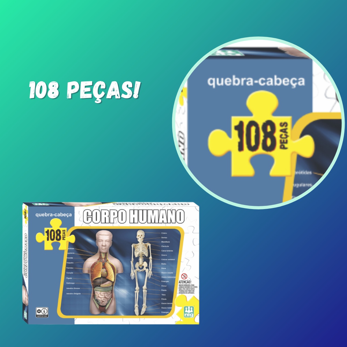 Quebra Cabeça Corpo Humano Infantil 108 Peças Passatempo 28cm x 42cm +4 Anos Nig Brinquedos - 0285