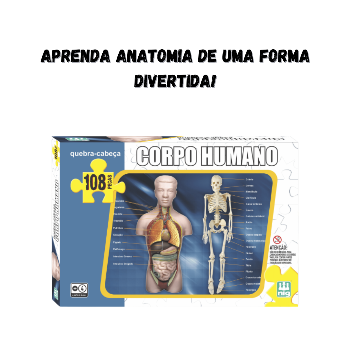 Quebra Cabeça Corpo Humano Infantil 108 Peças Passatempo 28cm x 42cm +4 Anos Nig Brinquedos - 0285