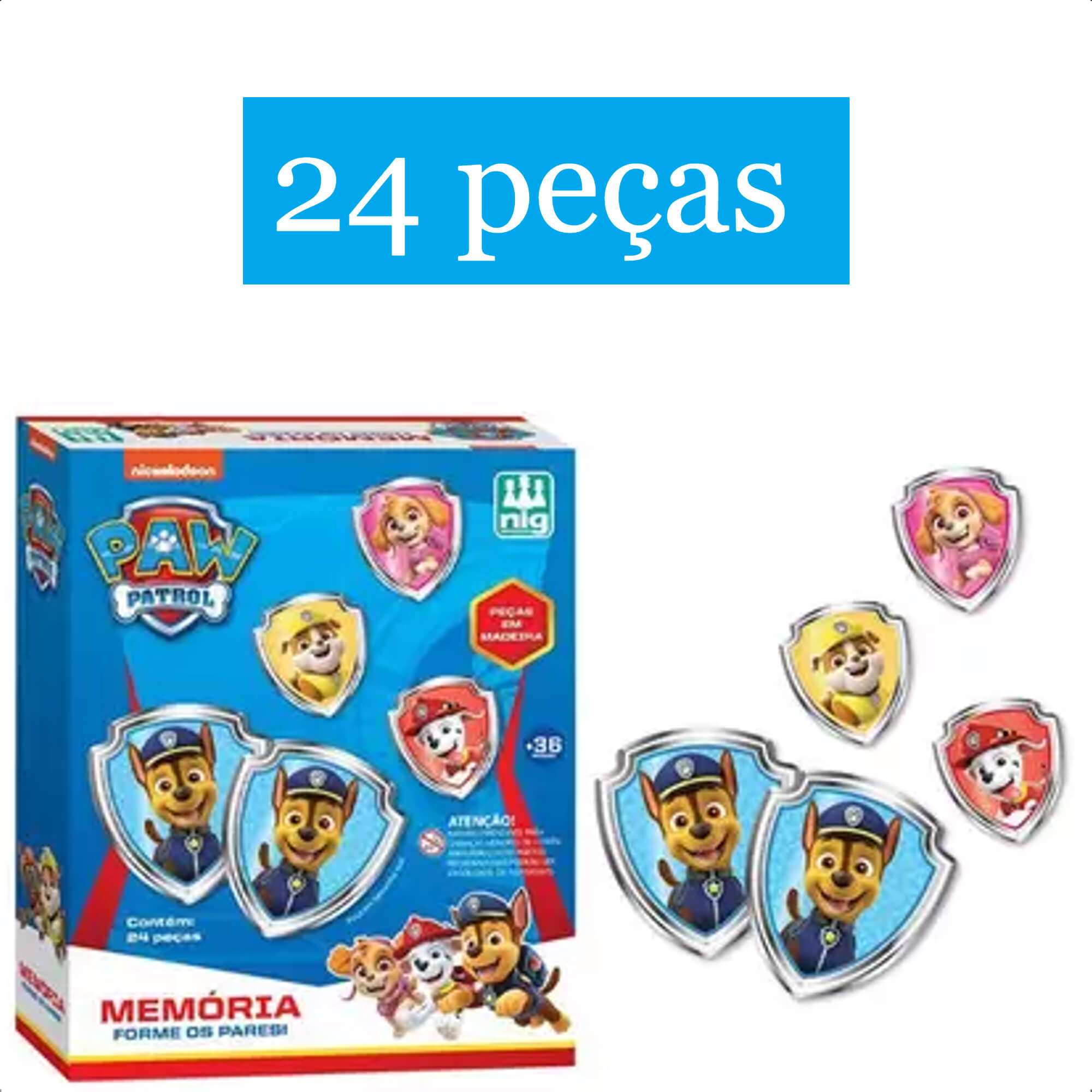 Jogo da Memória Patrulha Canina Madeira Infantil 24 Peças Nig Brinquedos - 0683