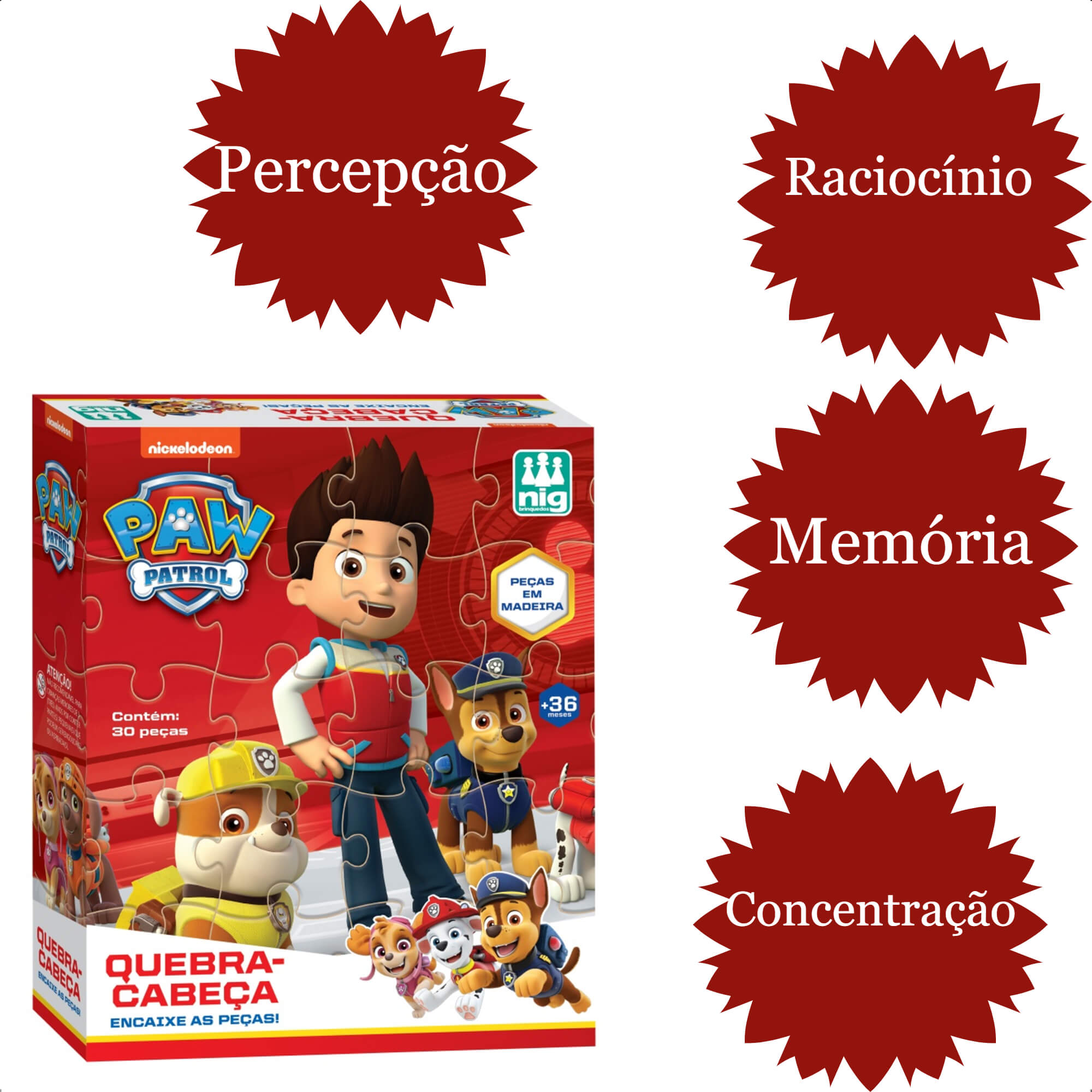 Quebra Cabeça Patrulha Canina Infantil Madeira 30 Peças Fácil De Montar Nig Brinquedos - 0682