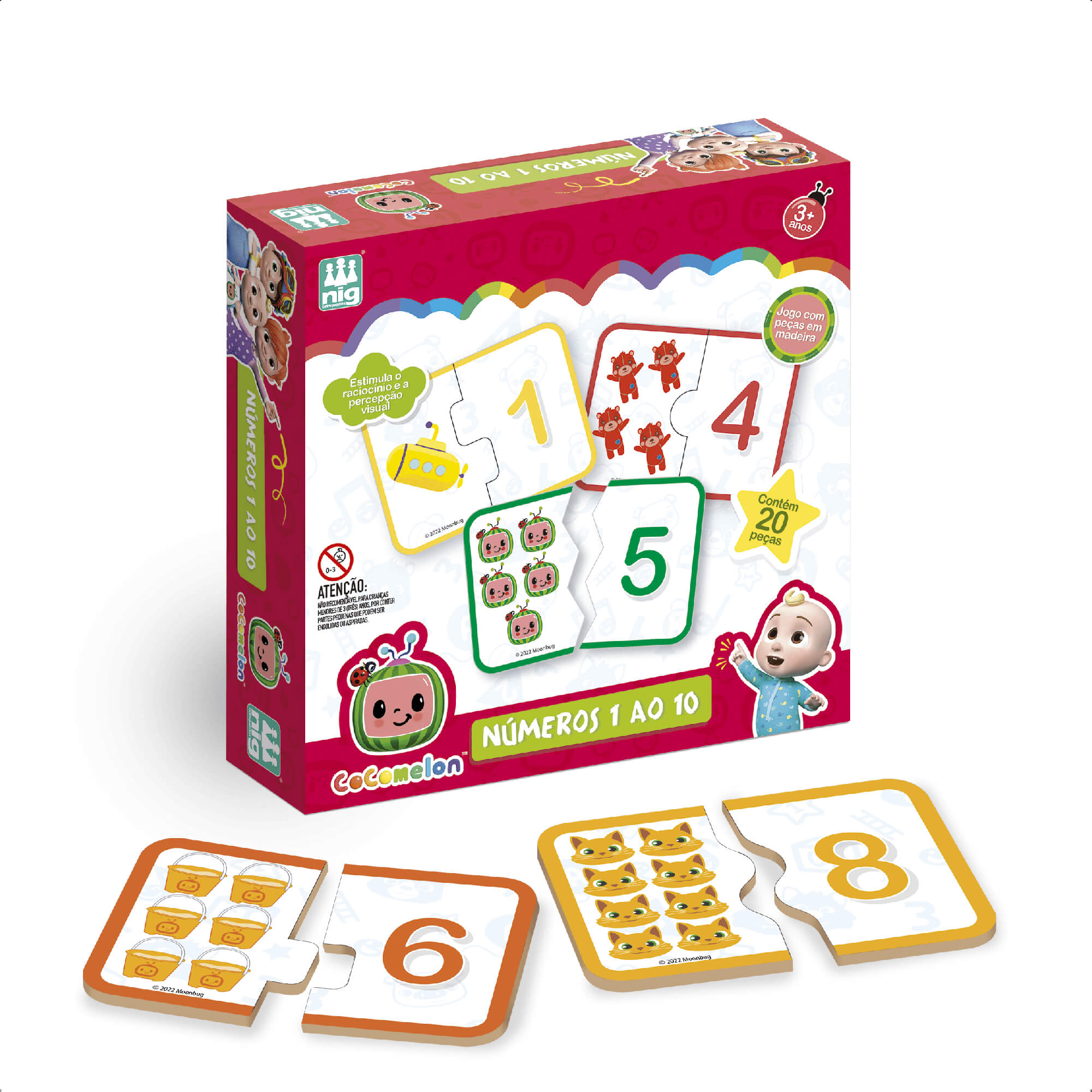 Jogo Números 1 Ao 10 de Madeira Cocomelon 20 Peças Grandes Educativo Nig Brinquedos - 0511