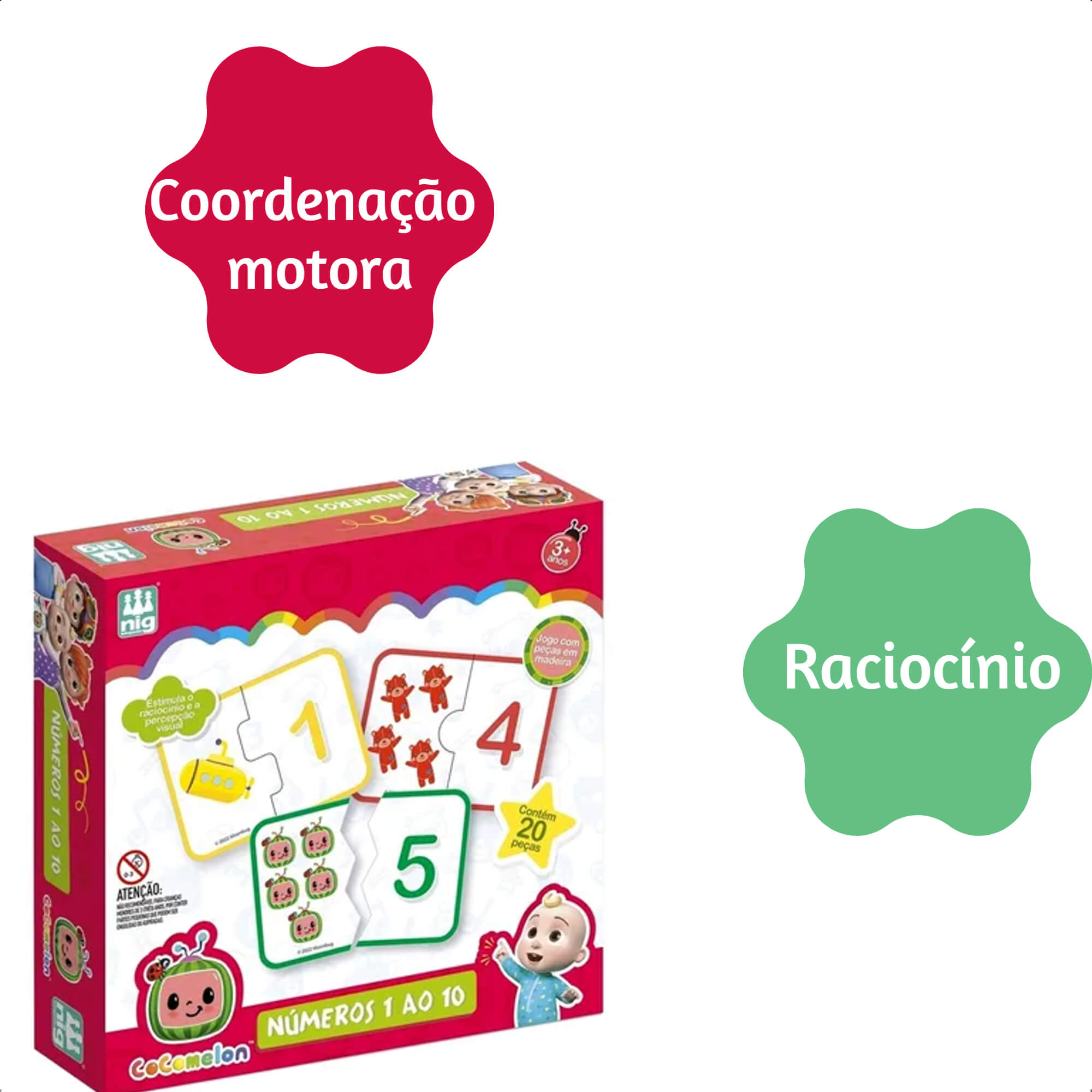 Jogo Números 1 Ao 10 de Madeira Cocomelon 20 Peças Grandes Educativo Nig Brinquedos - 0511