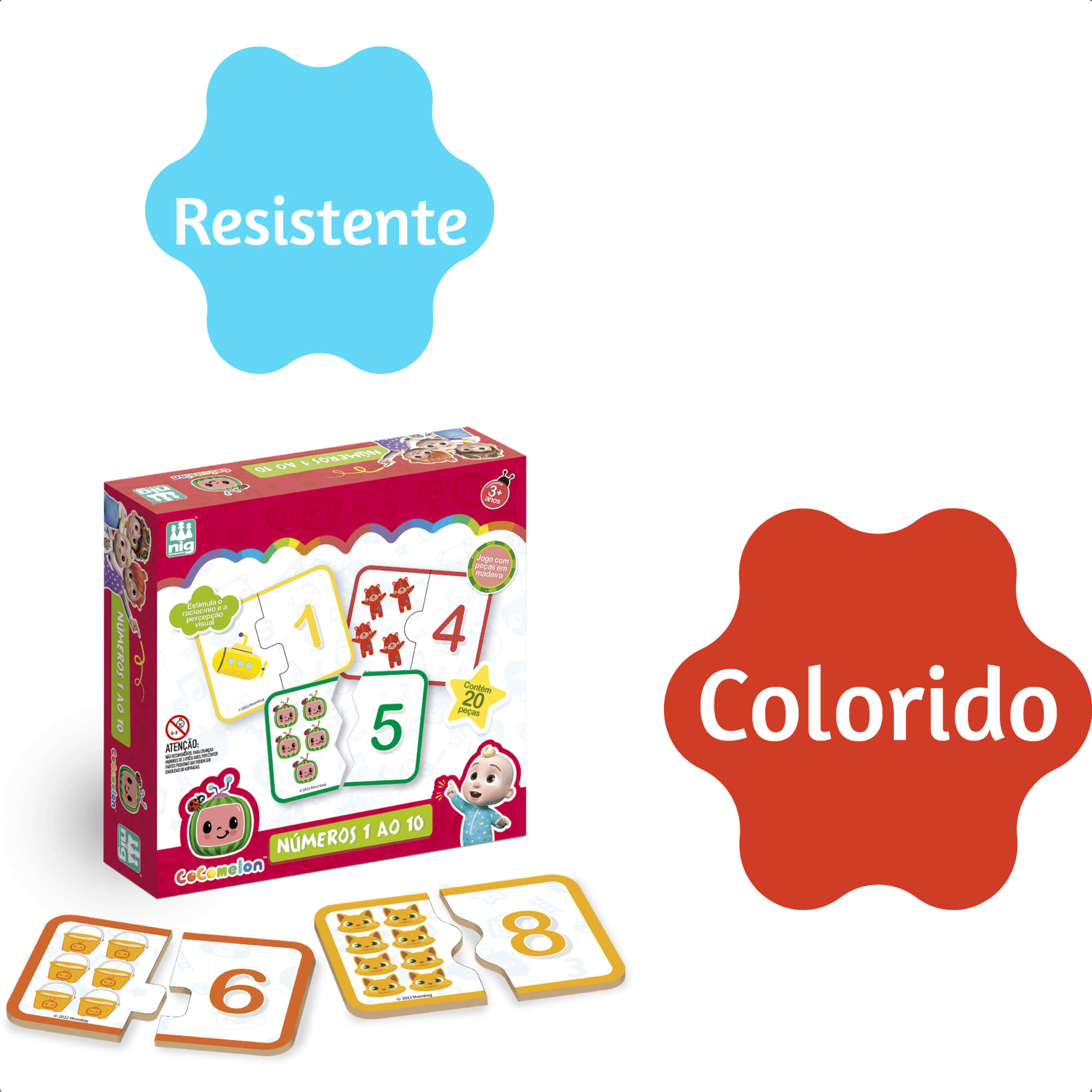 Jogo Números 1 Ao 10 de Madeira Cocomelon 20 Peças Grandes Educativo Nig Brinquedos - 0511