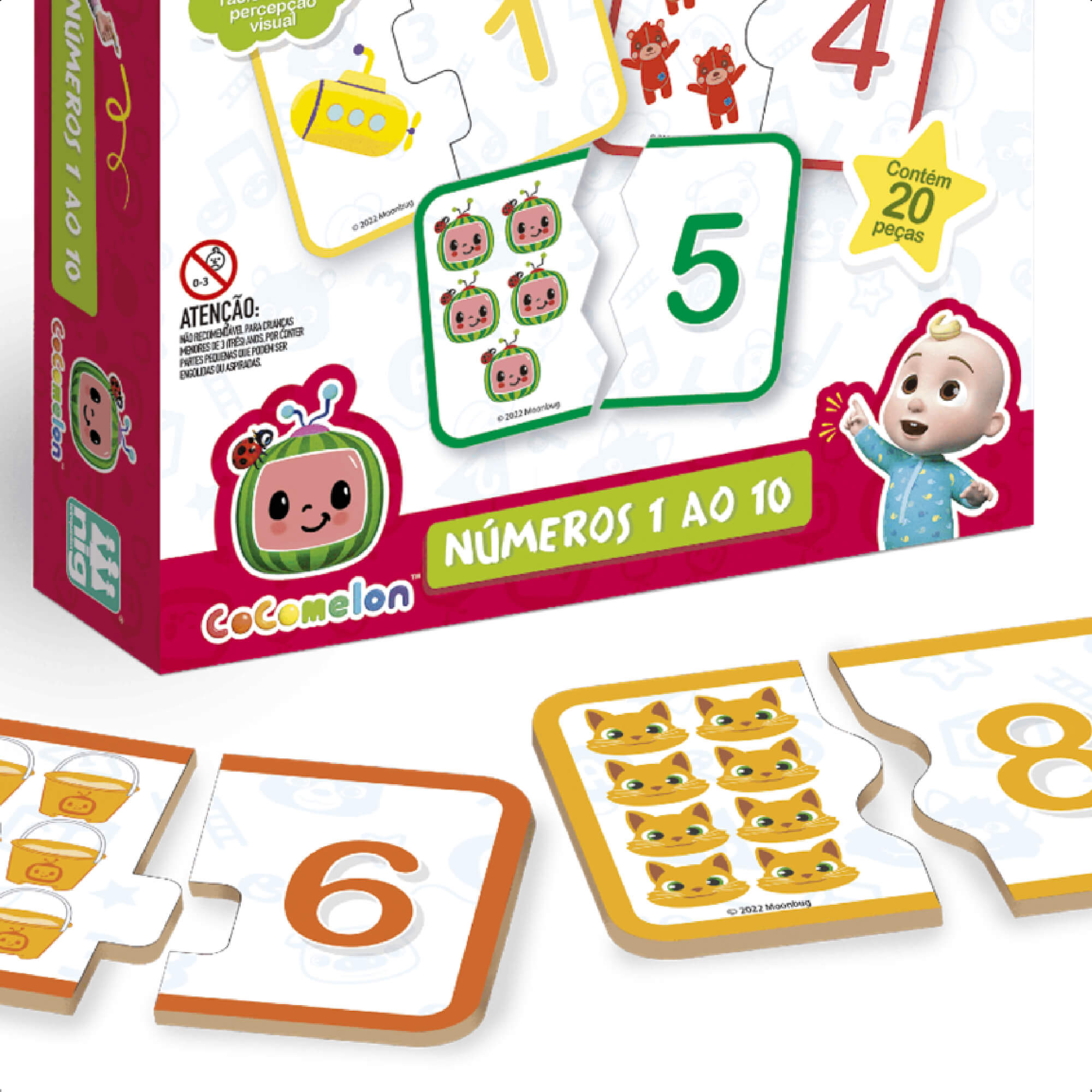 Jogo Números 1 Ao 10 de Madeira Cocomelon 20 Peças Grandes Educativo Nig Brinquedos - 0511
