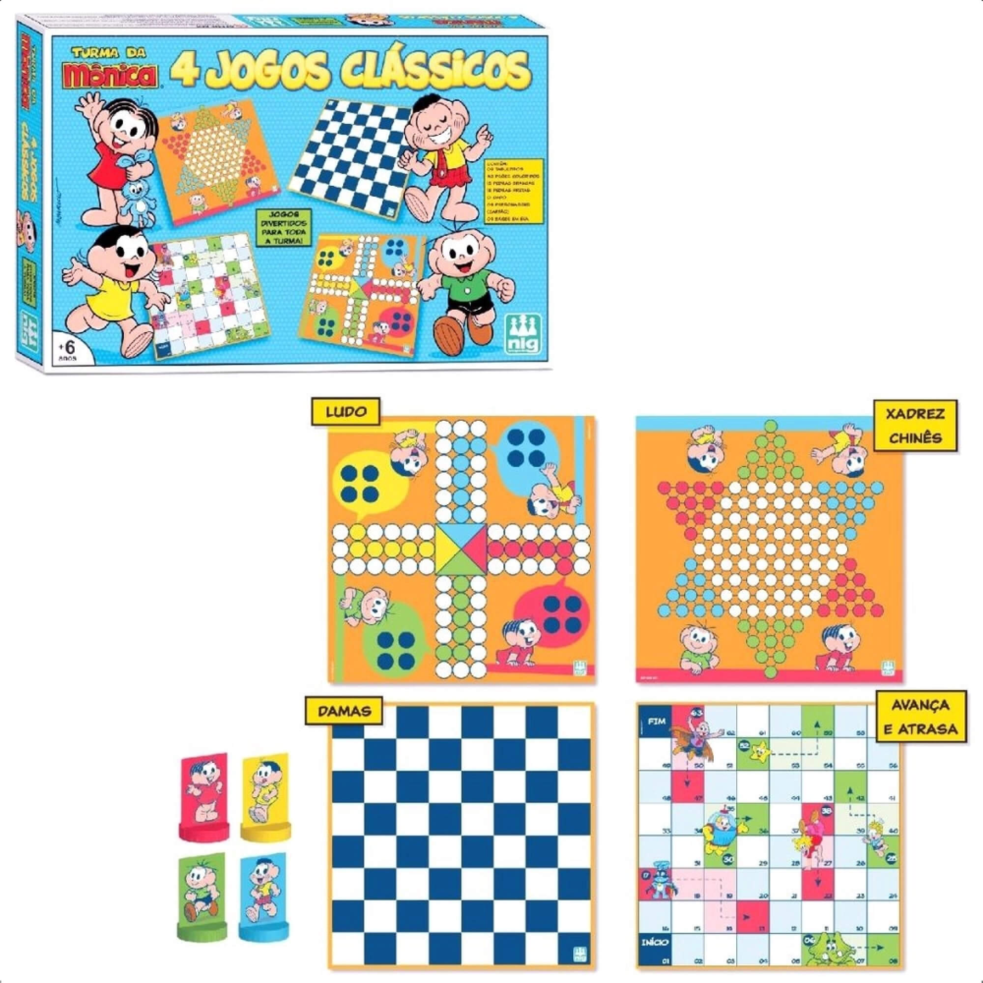 Kit Jogos de Tabuleiro Clássicos Turma Da Mônica Dama Ludo Xadrez Nig - 0761