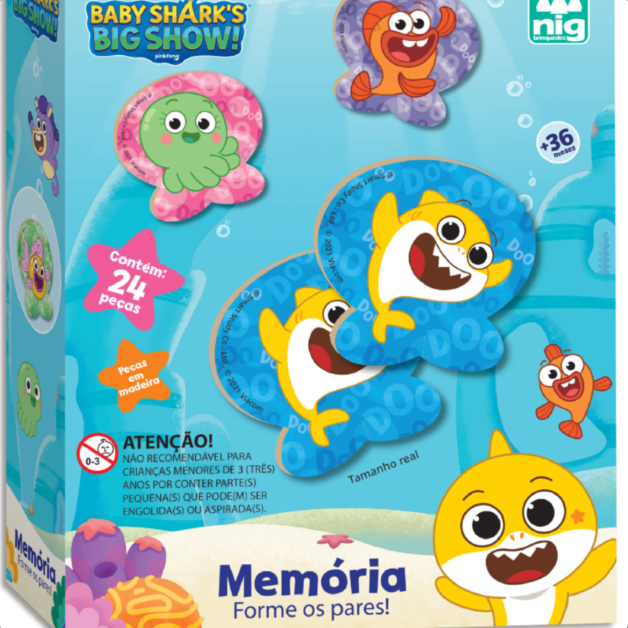 Jogo da Memória Baby Shark Infantil Madeira 24 Peças 8cm x 7cm +3 Anos Nig Brinquedos - 0747
