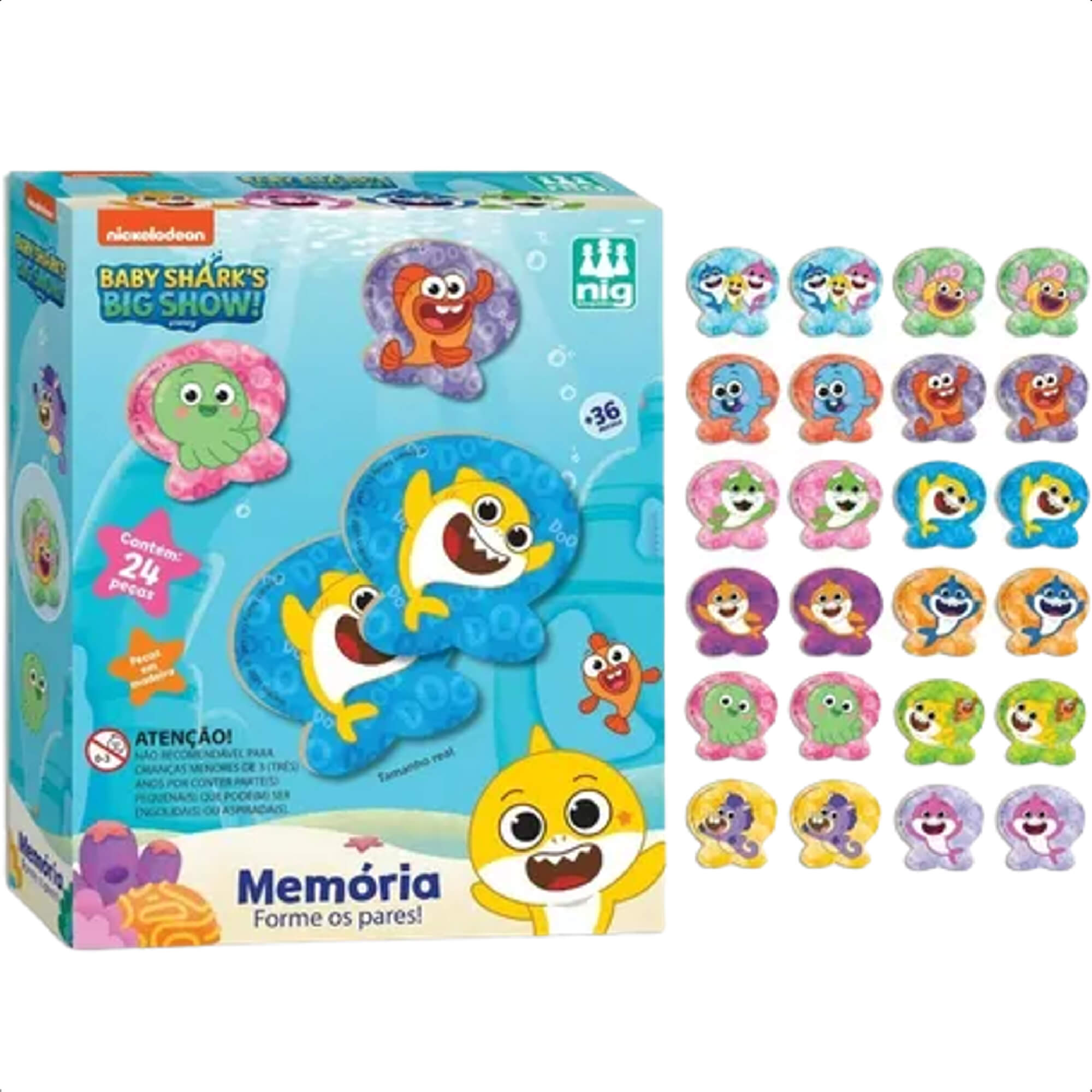 Jogo da Memória Baby Shark Infantil Madeira 24 Peças 8cm x 7cm +3 Anos Nig Brinquedos - 0747