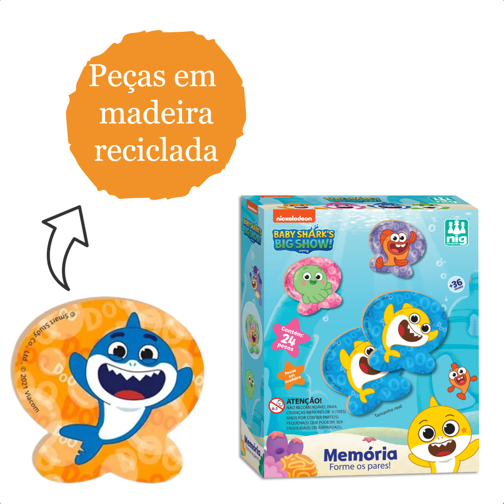 Jogo da Memória Baby Shark Infantil Madeira 24 Peças 8cm x 7cm +3 Anos Nig Brinquedos - 0747