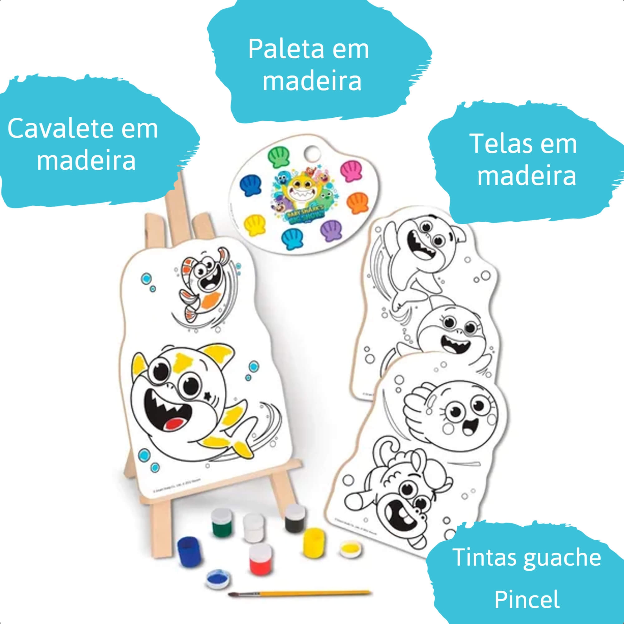 Kit Pintura Infantil Baby Shark Criatividade Coordenação Motora Cavalete Nig Brinquedos 0746