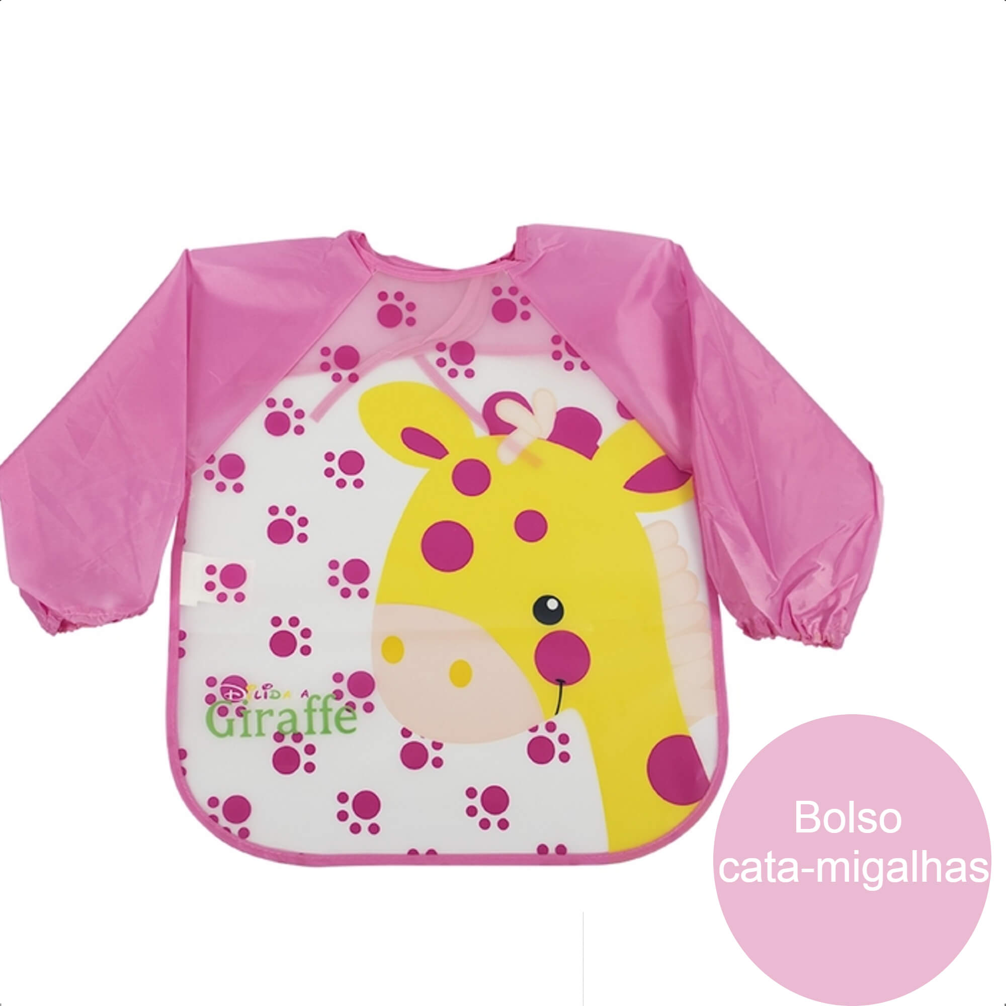 Babador Com Manga Girafa Infantil Cata-Migalhas Prático Fácil Limpar +6 Meses Rosa KaBaby-18950G