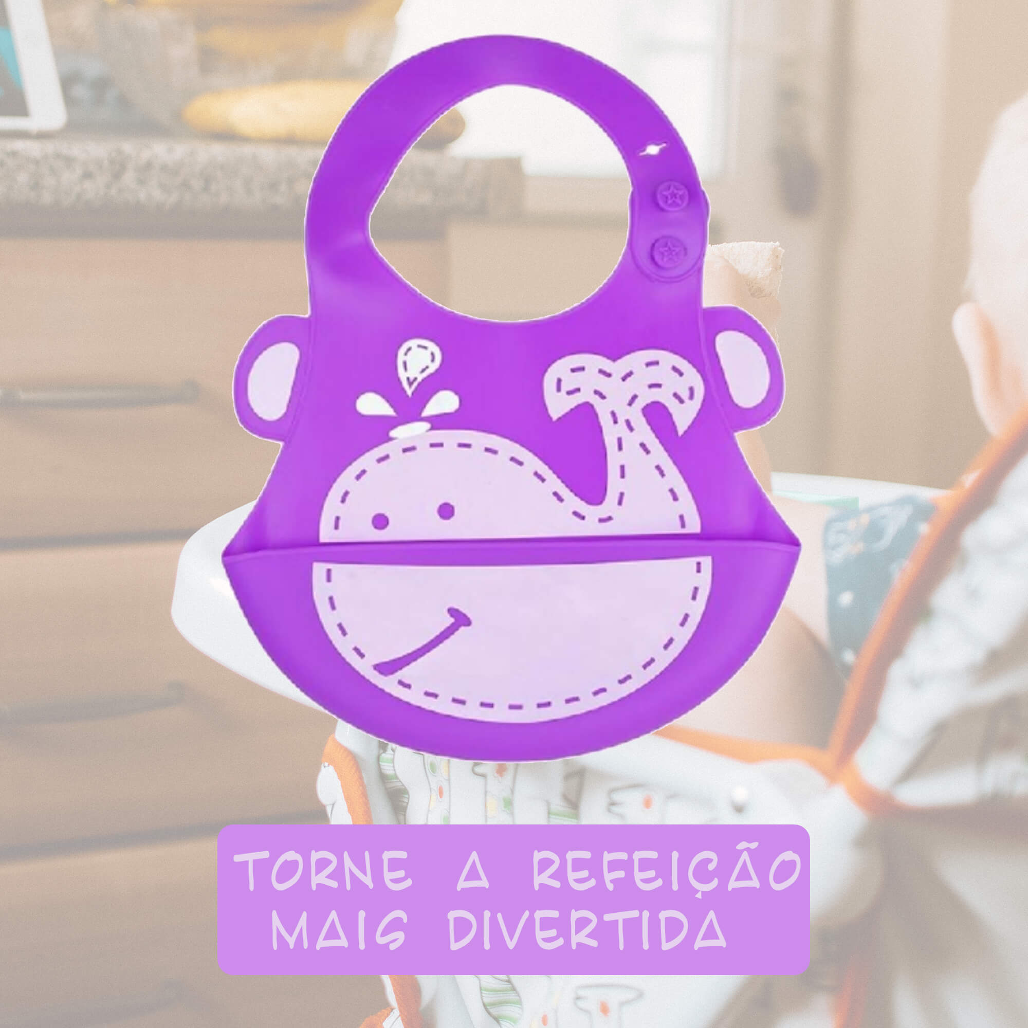 Babador para bebê Infantil Silicone Baleia Lilás com cata-migalhas Kababy - 1037H