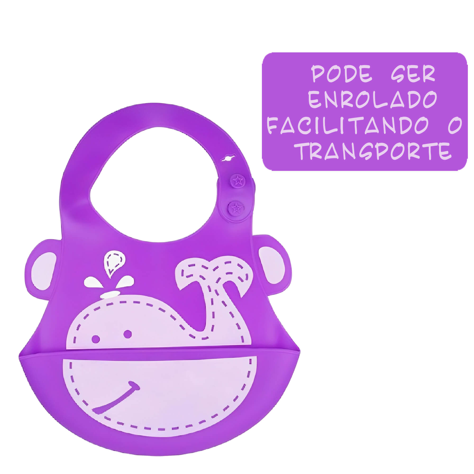 Babador para bebê Infantil Silicone Baleia Lilás com cata-migalhas Kababy - 1037H