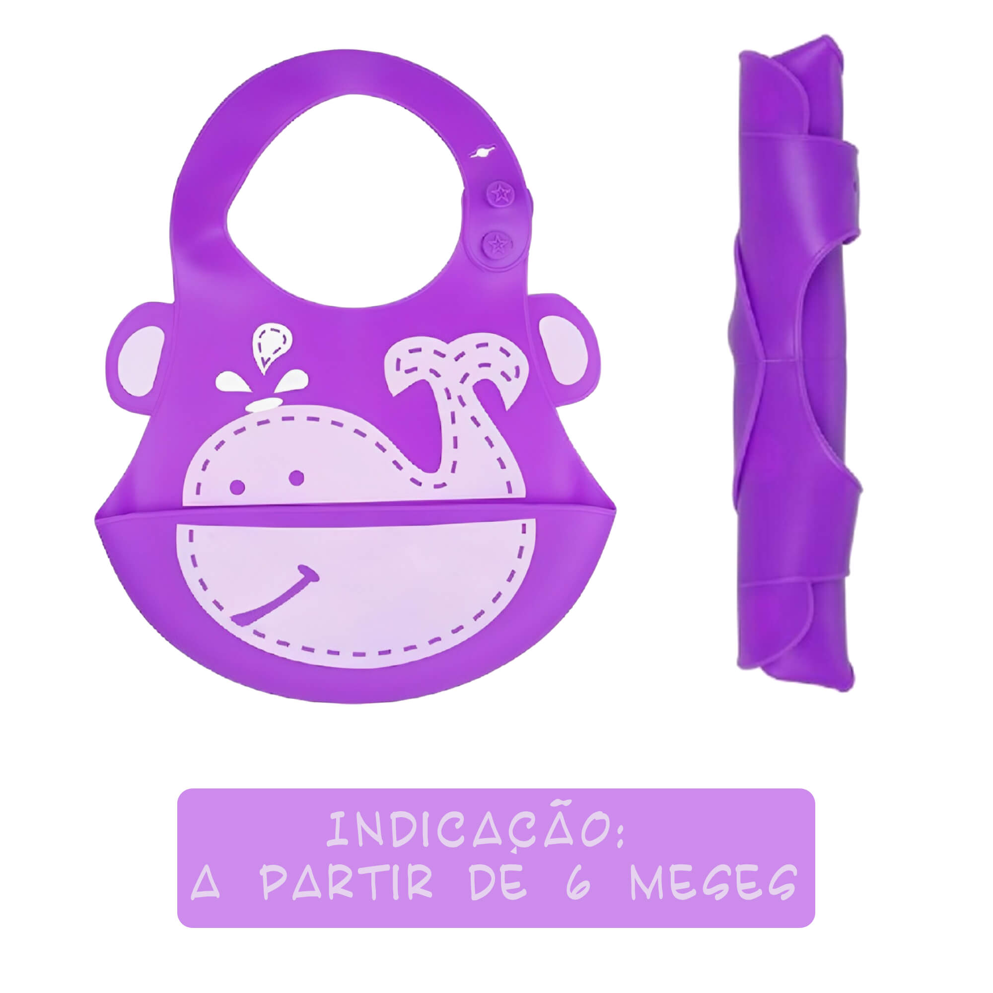 Babador para bebê Infantil Silicone Baleia Lilás com cata-migalhas Kababy - 1037H