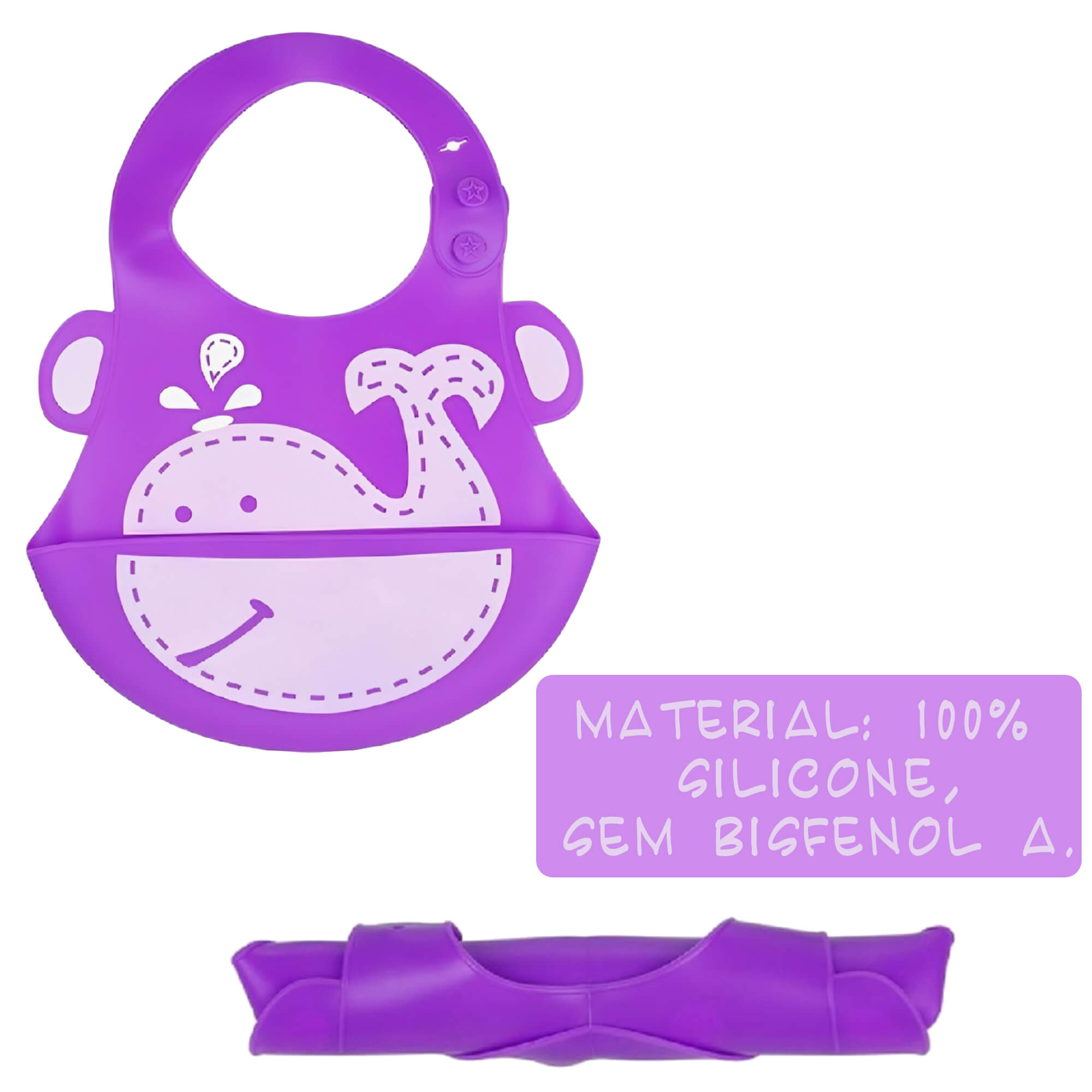 Babador para bebê Infantil Silicone Baleia Lilás com cata-migalhas Kababy - 1037H