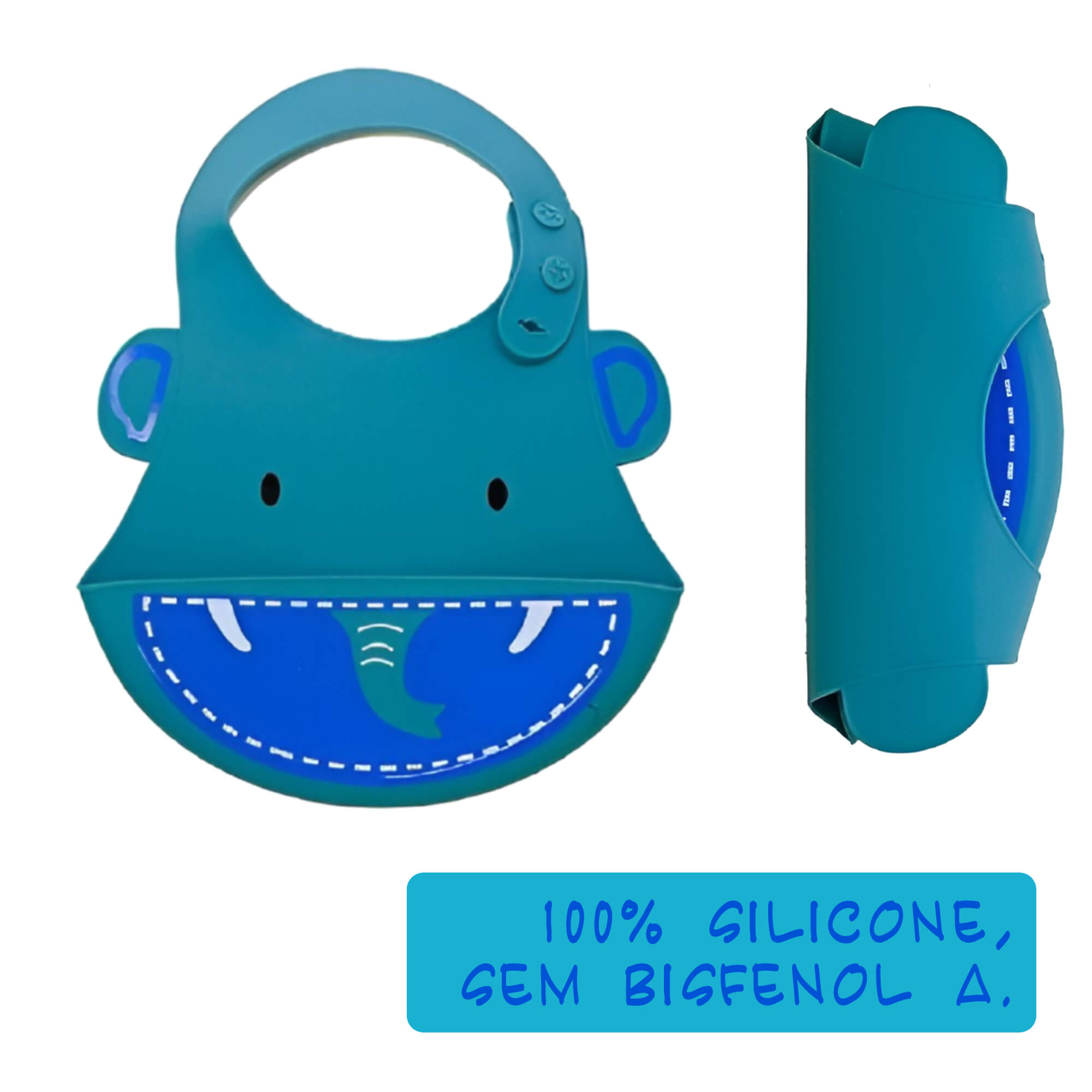 Babador para bebê Infantil Silicone Elefante Azul com cata-migalhas Kababy - 1037E