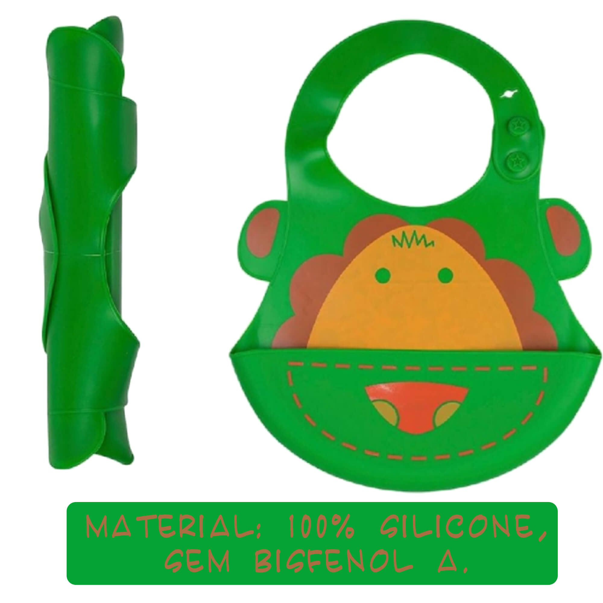 Babador para bebês Infantil Silicone Leão Verde com cata-migalhas Kababy - 1037G