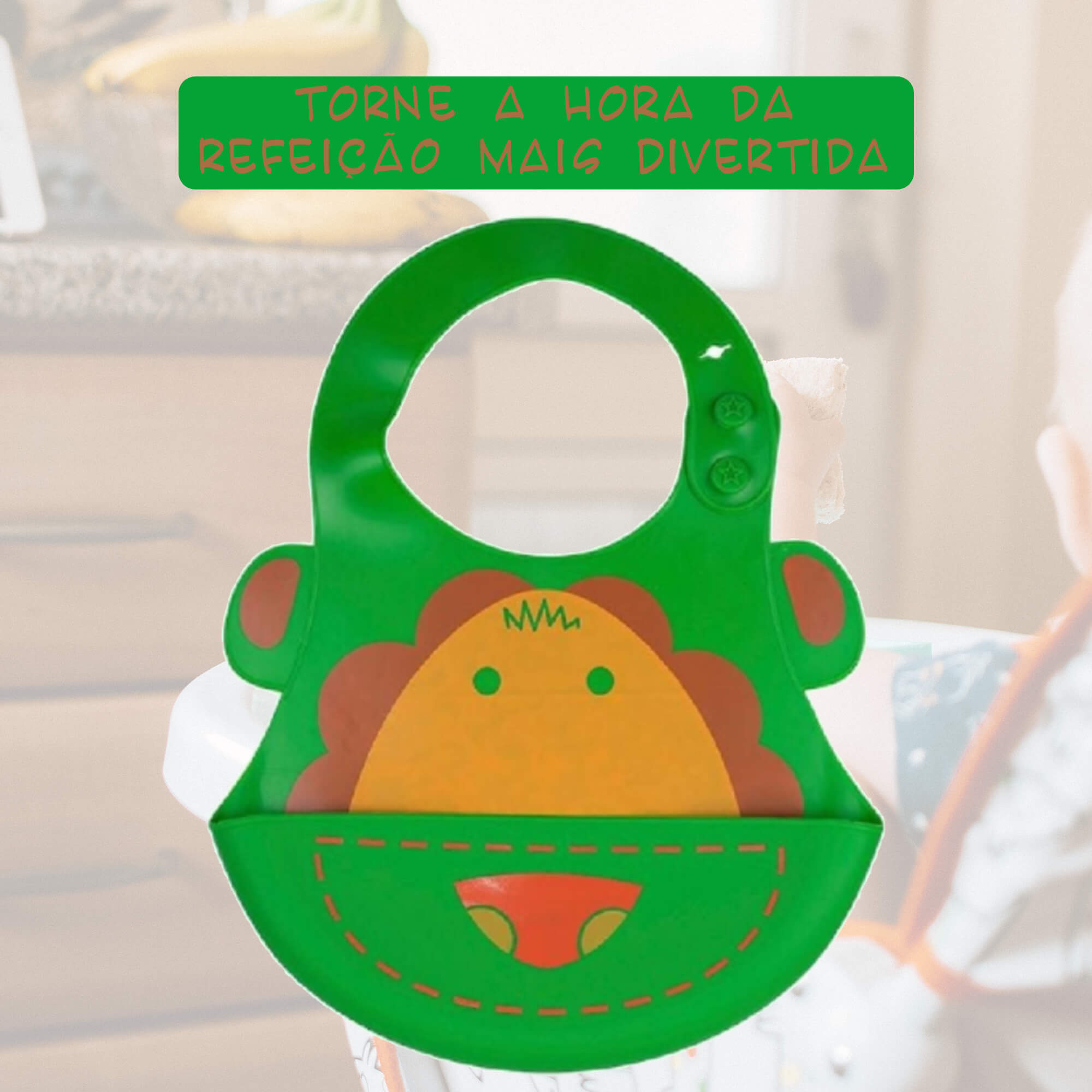 Babador para bebês Infantil Silicone Leão Verde com cata-migalhas Kababy - 1037G