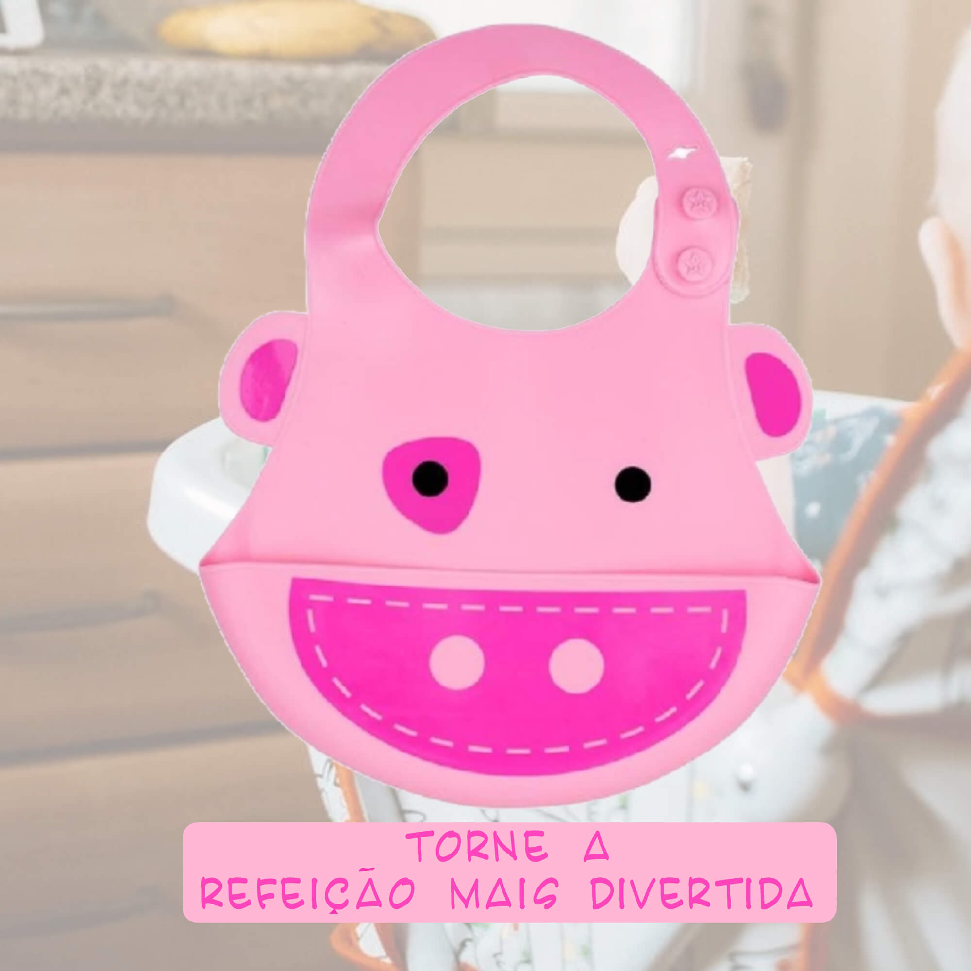 Babador Para Bebê Infantil Silicone Porquinho Rosa com bolso cata-migalhas Kababy - 1037F