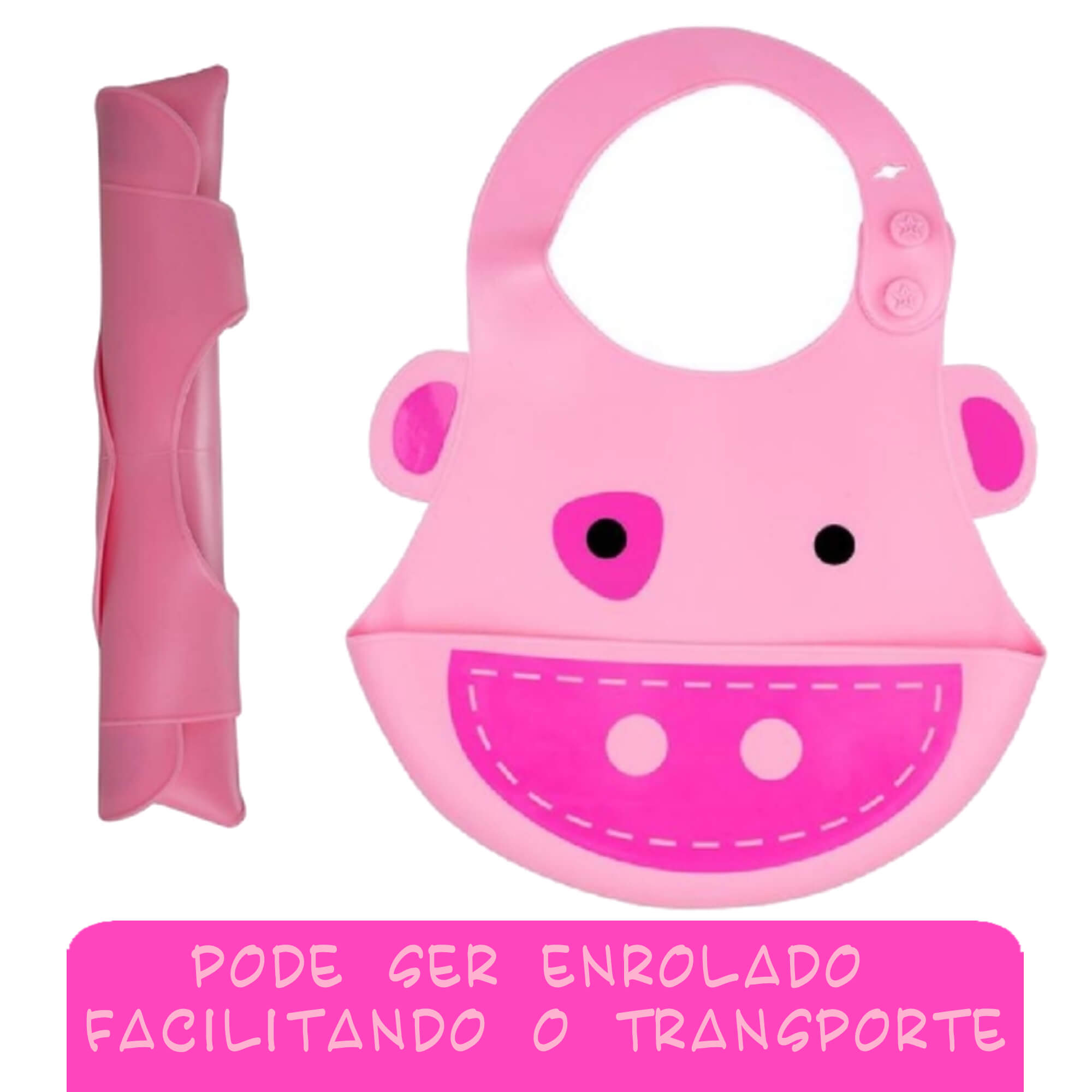 Babador Para Bebê Infantil Silicone Porquinho Rosa com bolso cata-migalhas Kababy - 1037F
