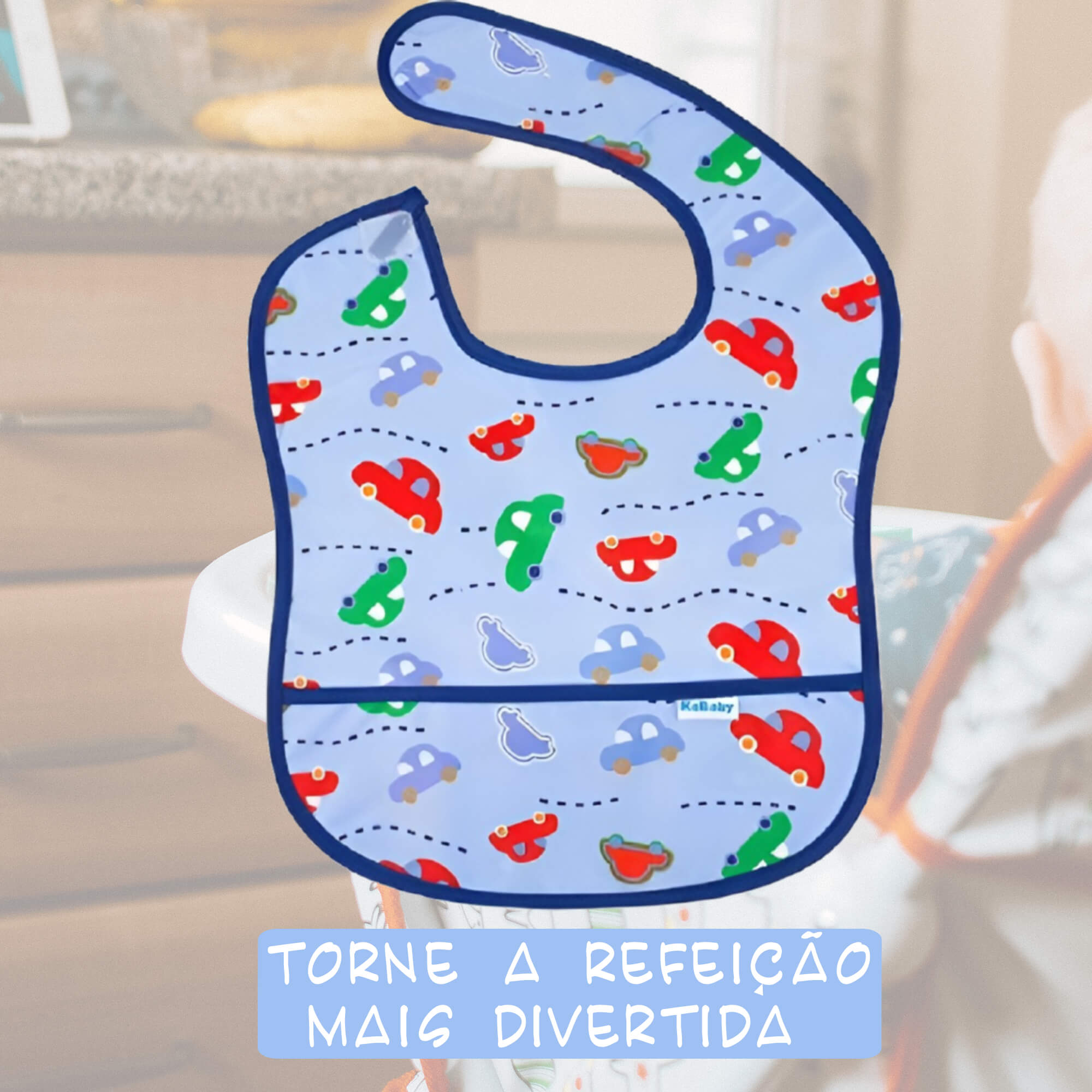 Babador para bebê Infantil impermeável standard Carrinhos Azul com cata-migalhas kababy - 18906C