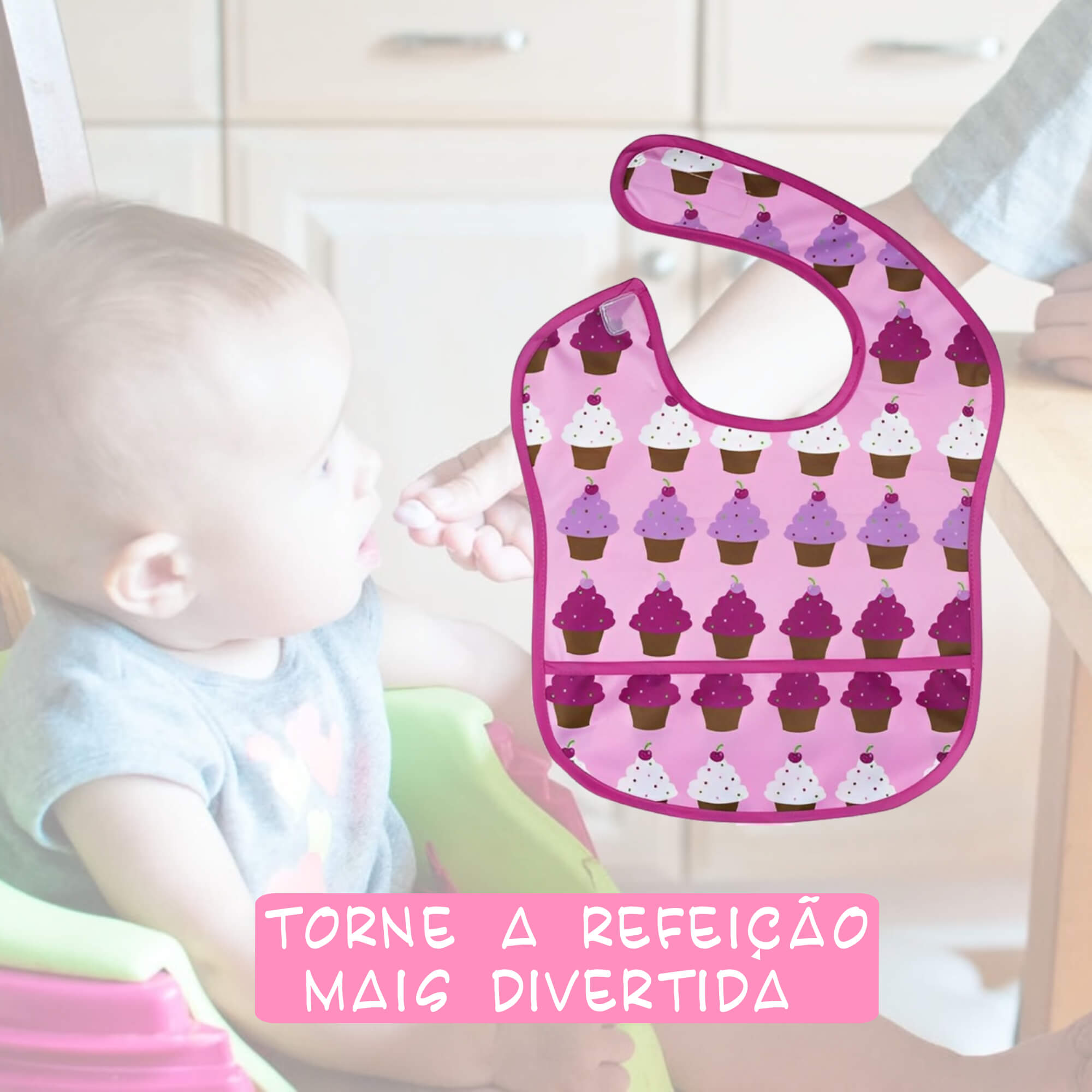 Babador para bebê Infantil impermeável standard cupcakes com cata-migalhas Rosa kababy - 18906B