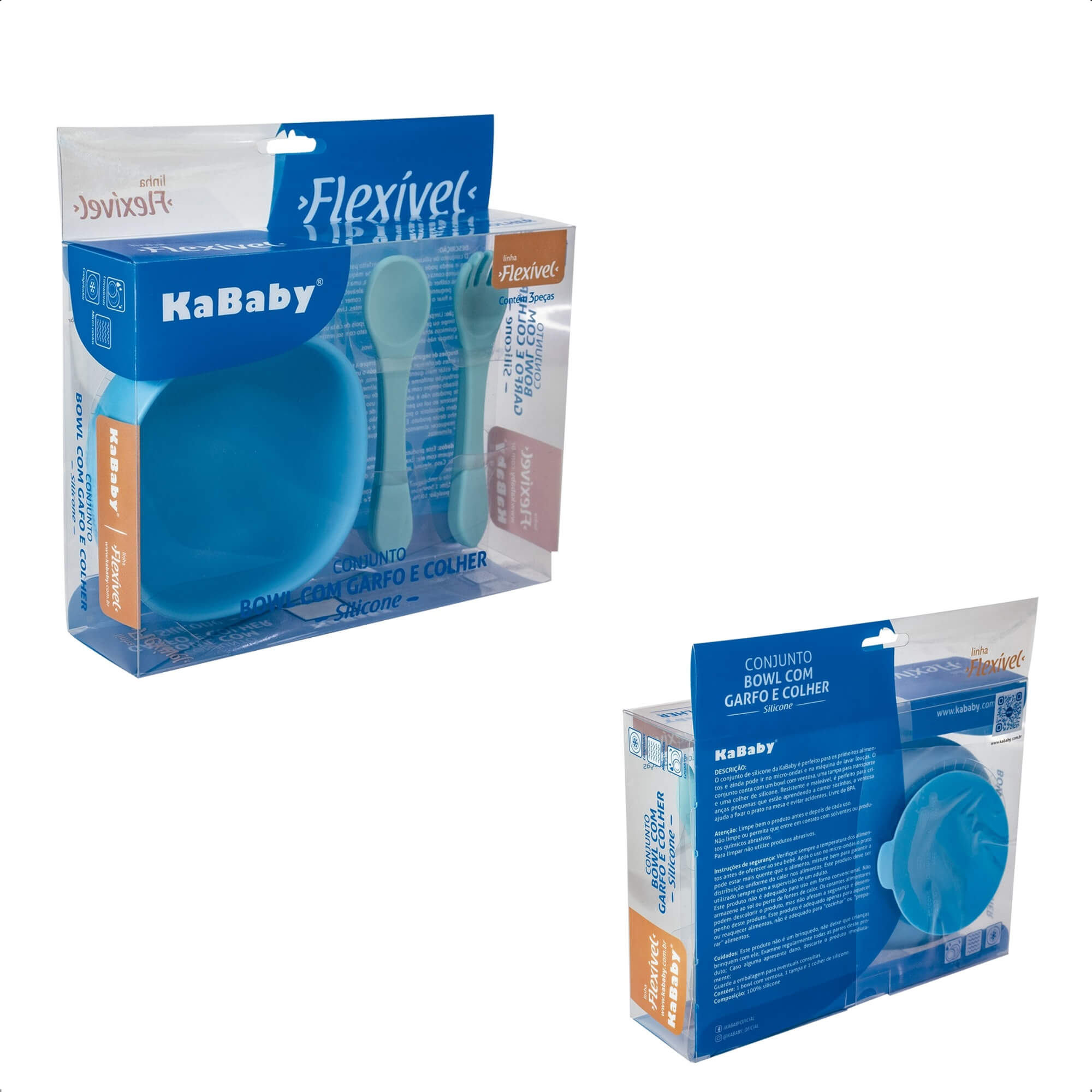 Conjunto Bowl Infantil Com Garfo e Colher Resistente e Maleável Azul KaBaby -  1138A