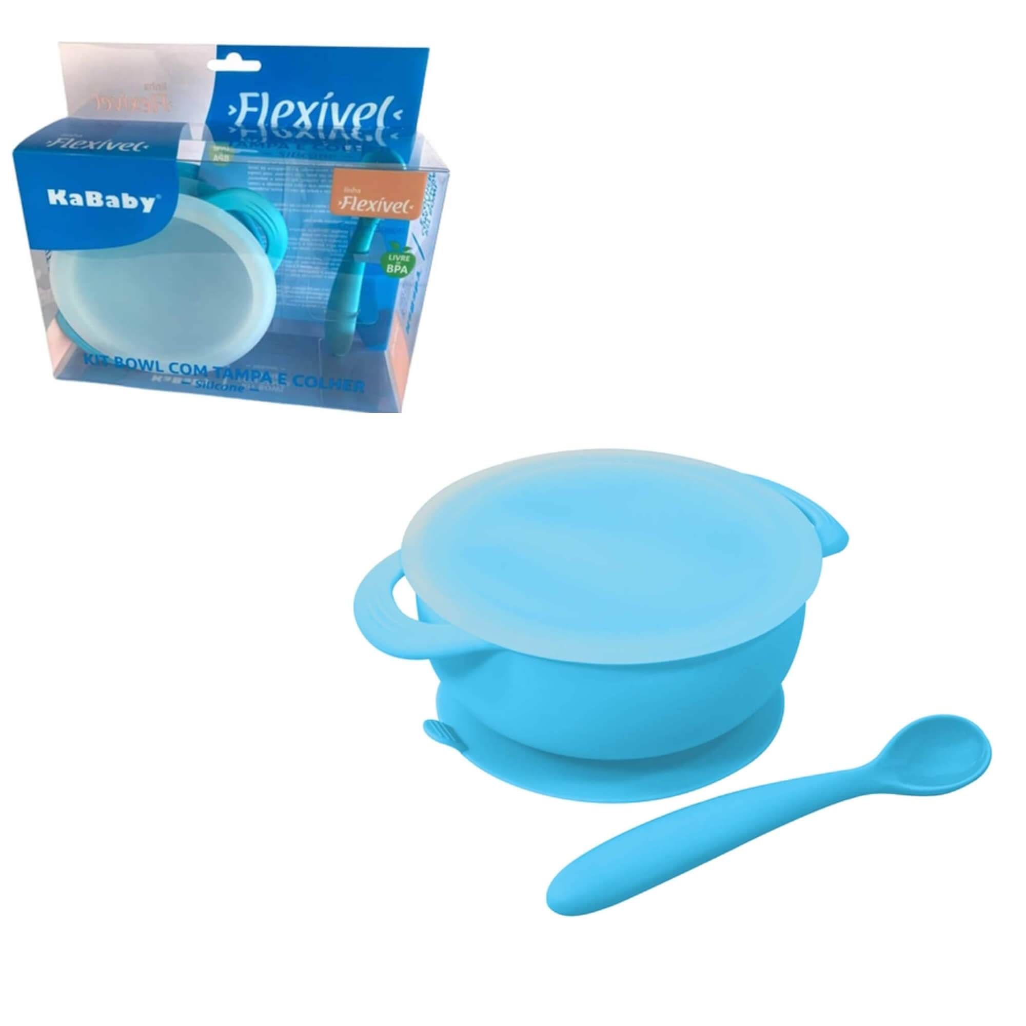 Conjunto p/ Criança Bowl com Tampa, Colher Maleável Com ventosa Azul KaBaby 1130A