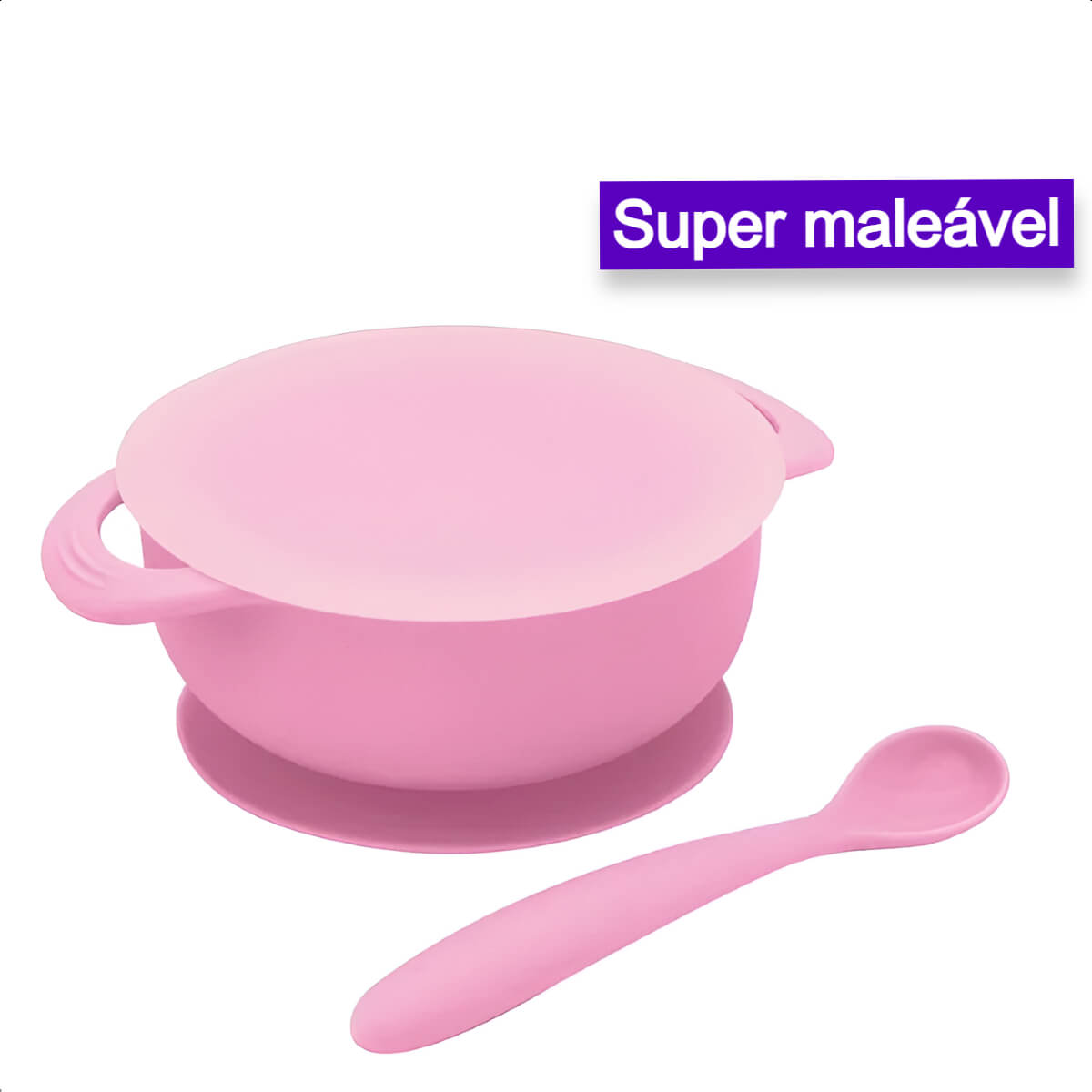 Kit Refeição infantil Conjunto Bowl Com Tampa e ventosa Colher Super maleável KaBaby Rosa - 1130R