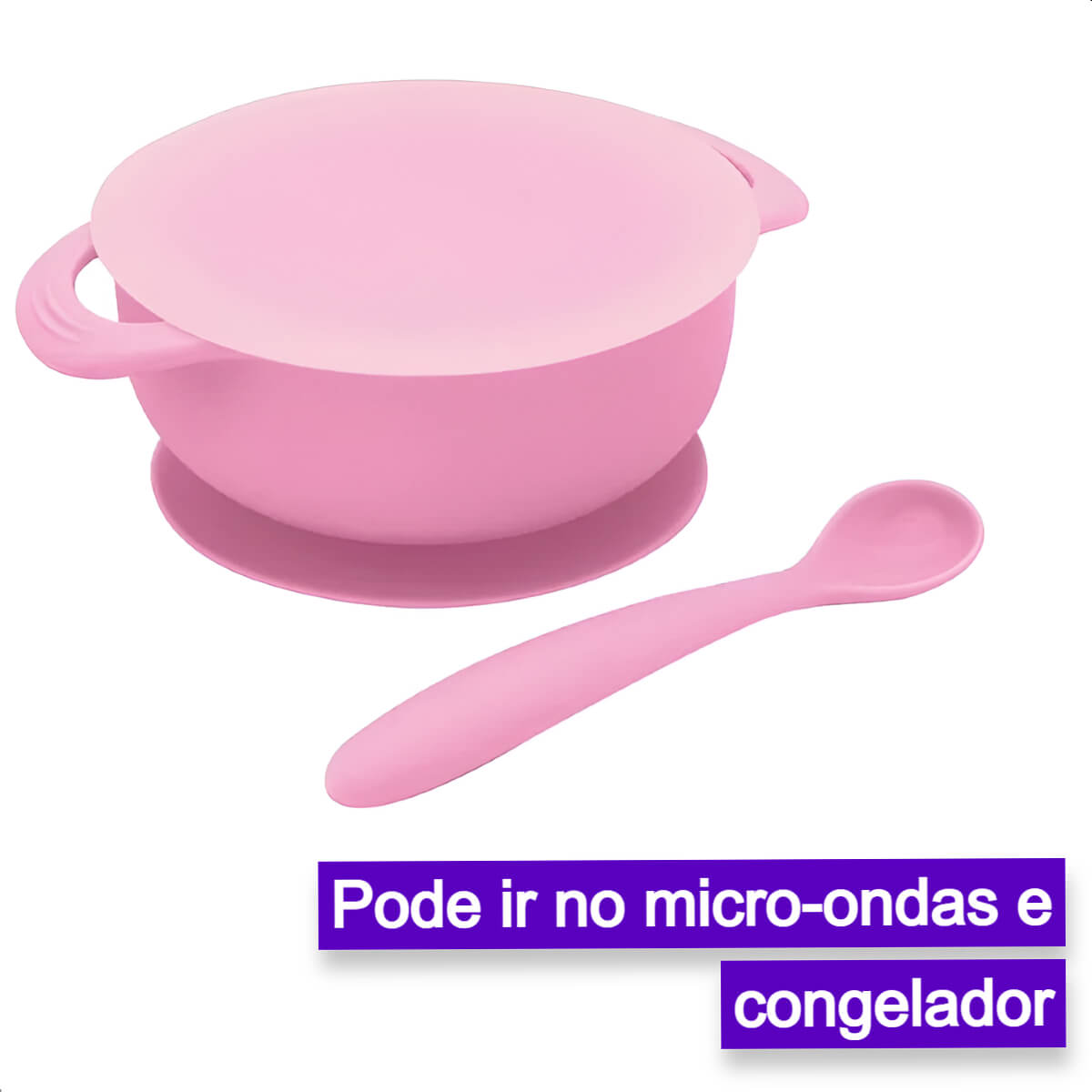 Kit Refeição infantil Conjunto Bowl Com Tampa e ventosa Colher Super maleável KaBaby Rosa - 1130R