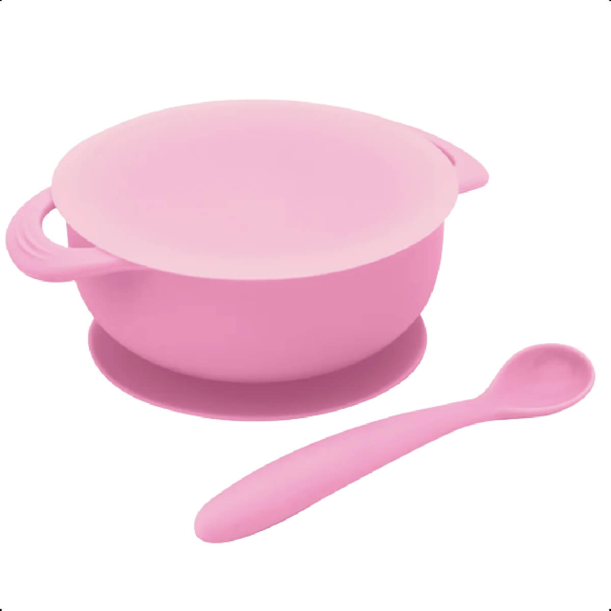 Kit Refeição infantil Conjunto Bowl Com Tampa e ventosa Colher Super maleável KaBaby Rosa - 1130R