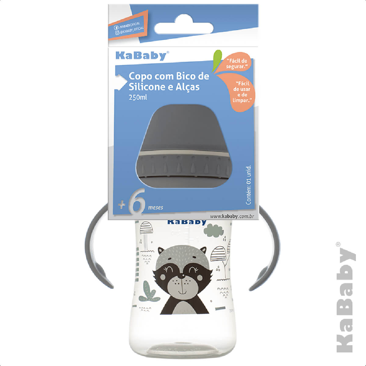 Copo Infantil 250ml Com Bico de Silicone Alças Removíveis Fácil De Limpar A Partir De 6 Meses Cinza KaBaby - 1215C