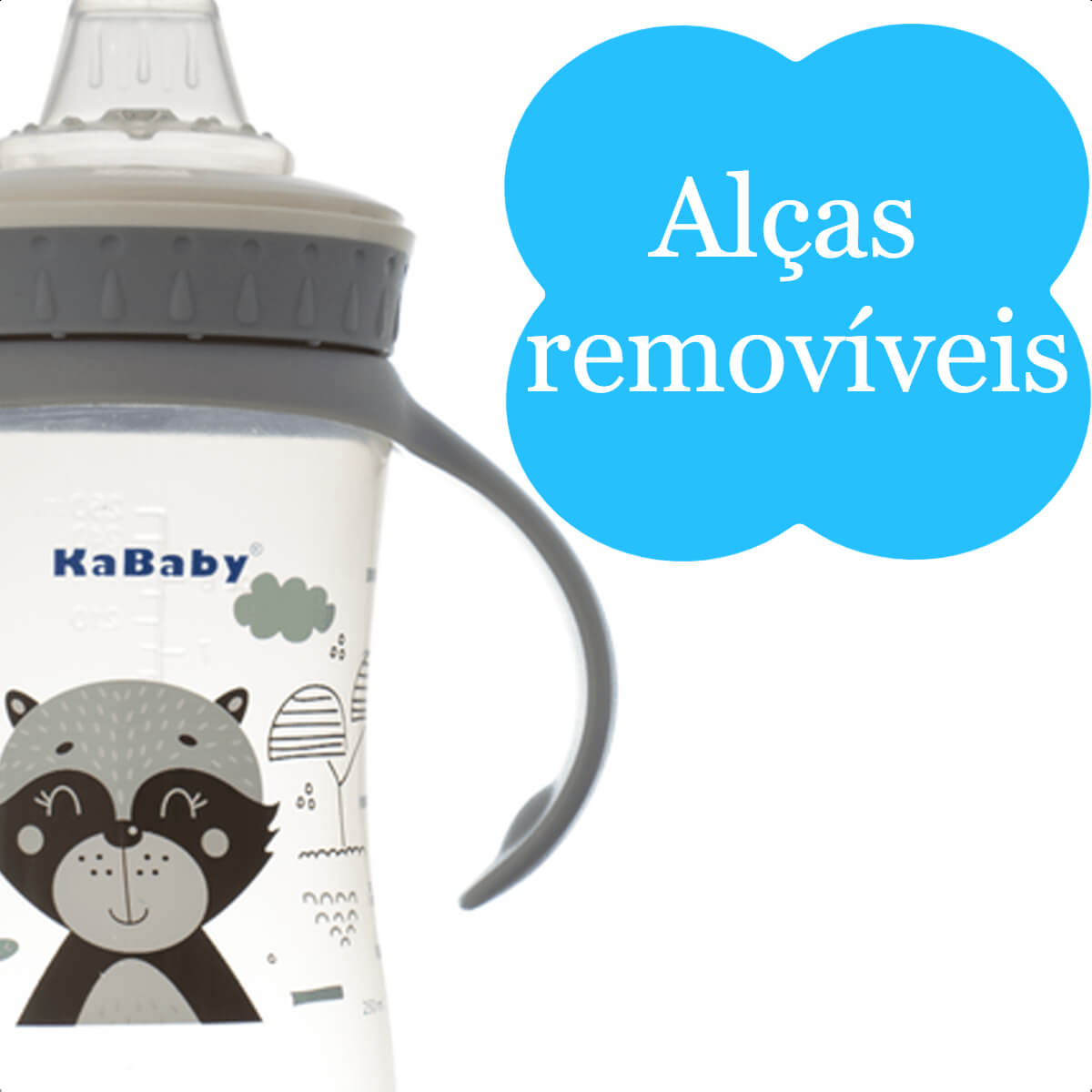 Copo Infantil 250ml Com Bico de Silicone Alças Removíveis Fácil De Limpar A Partir De 6 Meses Cinza KaBaby - 1215C