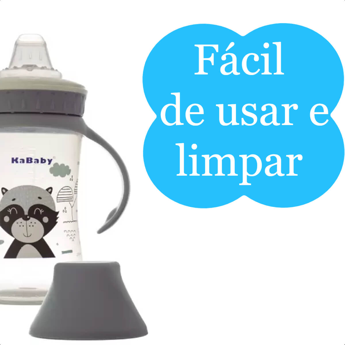Copo Infantil 250ml Com Bico de Silicone Alças Removíveis Fácil De Limpar A Partir De 6 Meses Cinza KaBaby - 1215C