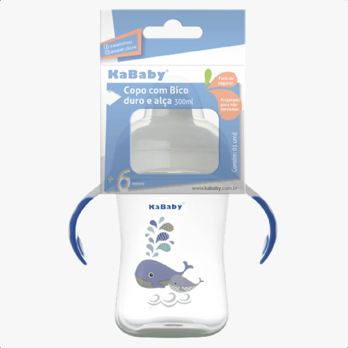 Copo Infantil de Transição com Bico Rígido e Alças 300ml +6 Meses Estampa Baleia Detalhes Azul Caneca KaBaby - 1115A