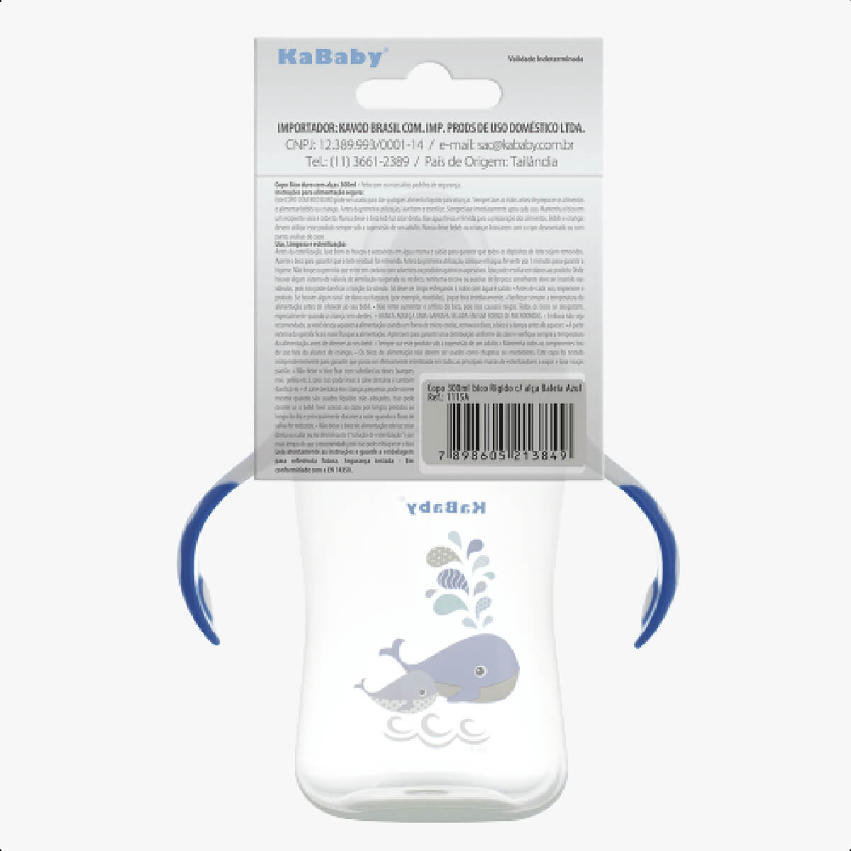 Copo Infantil de Transição com Bico Rígido e Alças 300ml +6 Meses Estampa Baleia Detalhes Azul Caneca KaBaby - 1115A