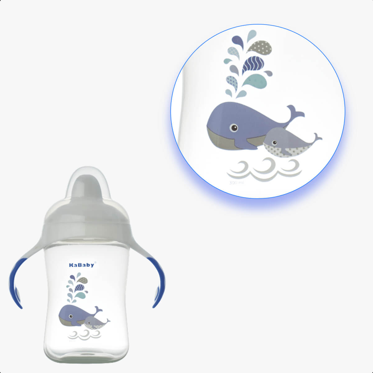 Copo Infantil de Transição com Bico Rígido e Alças 300ml +6 Meses Estampa Baleia Detalhes Azul Caneca KaBaby - 1115A