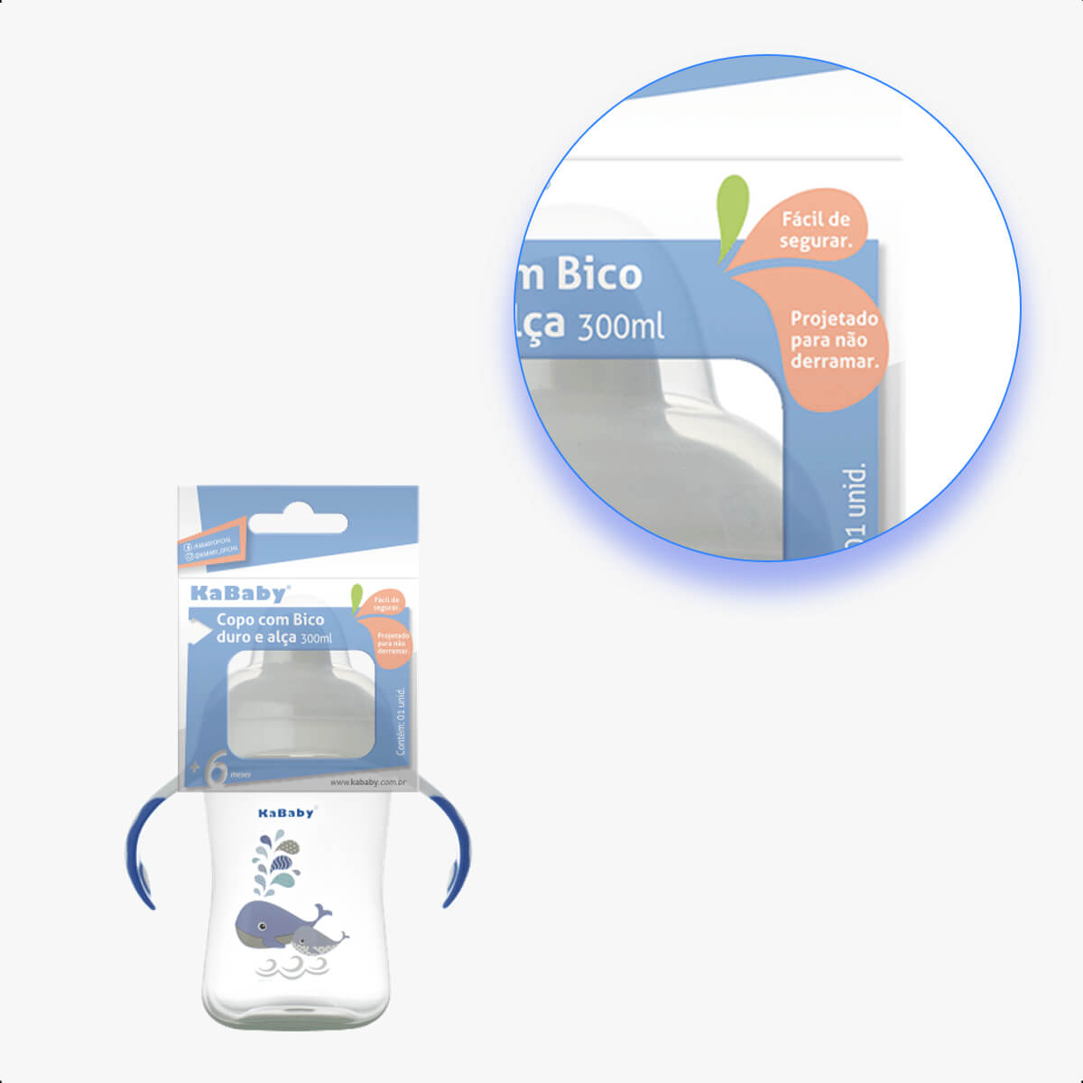 Copo Infantil de Transição com Bico Rígido e Alças 300ml +6 Meses Estampa Baleia Detalhes Azul Caneca KaBaby - 1115A