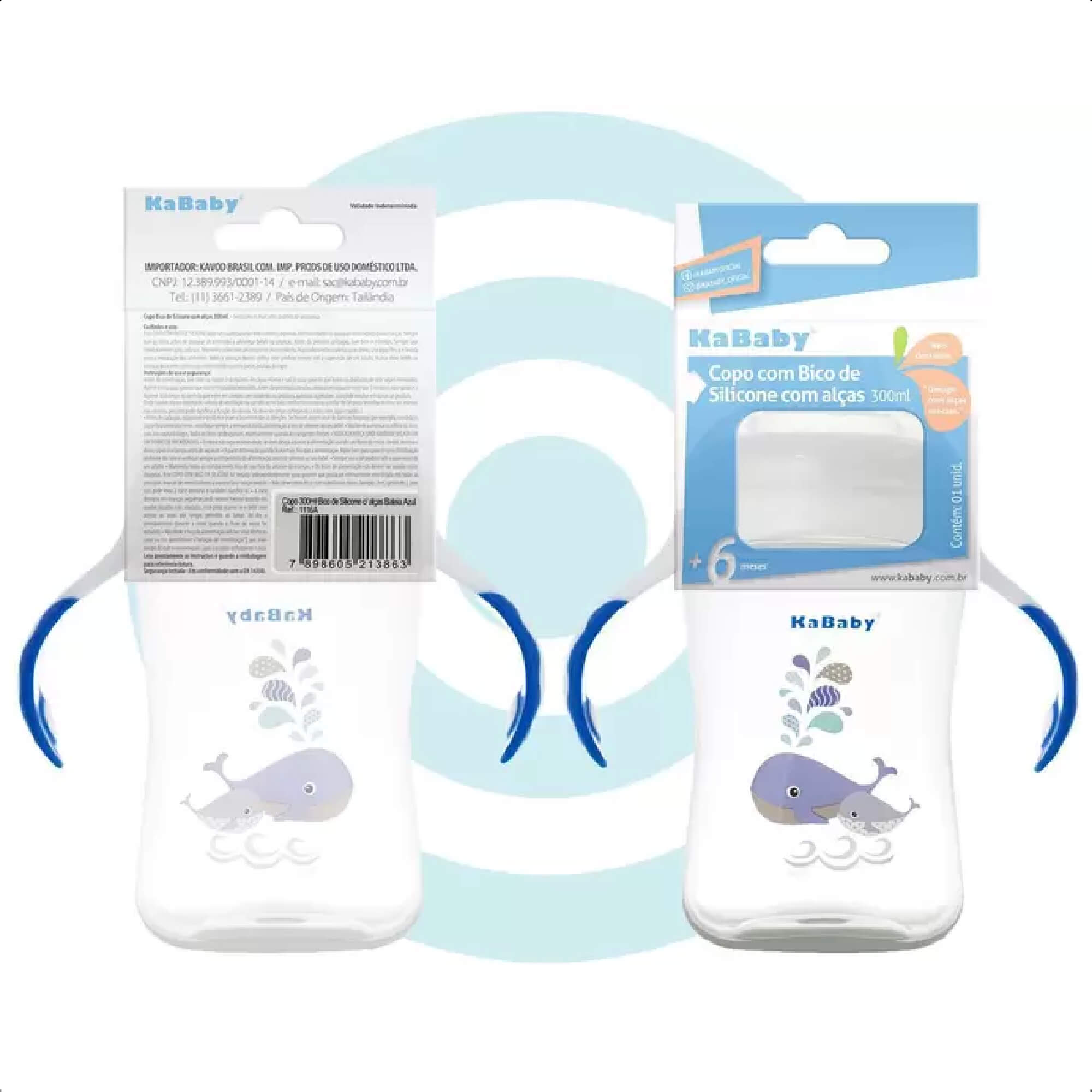 Copo Infantil de Transição com Bico Rígido e Alças 300ml +6 Meses Estampa Baleia Detalhes Azul Caneca KaBaby - 1115A