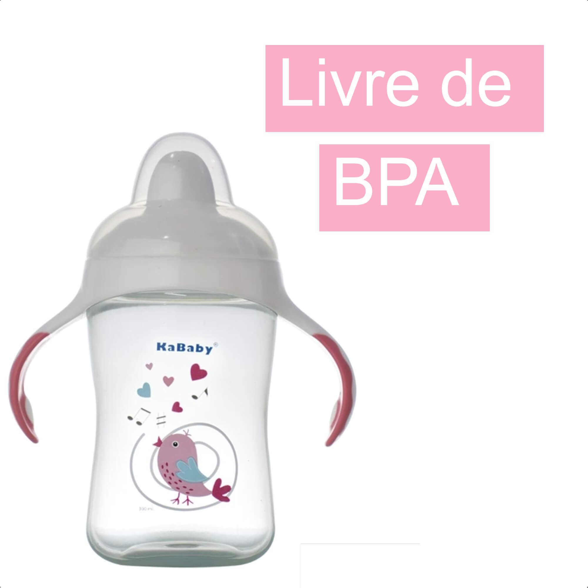 Copo Infantil de Transição com Bico Rígido e Alças 300ml +6 Meses Passaro Rosa Livre de BPA Caneca KaBaby - 1115R