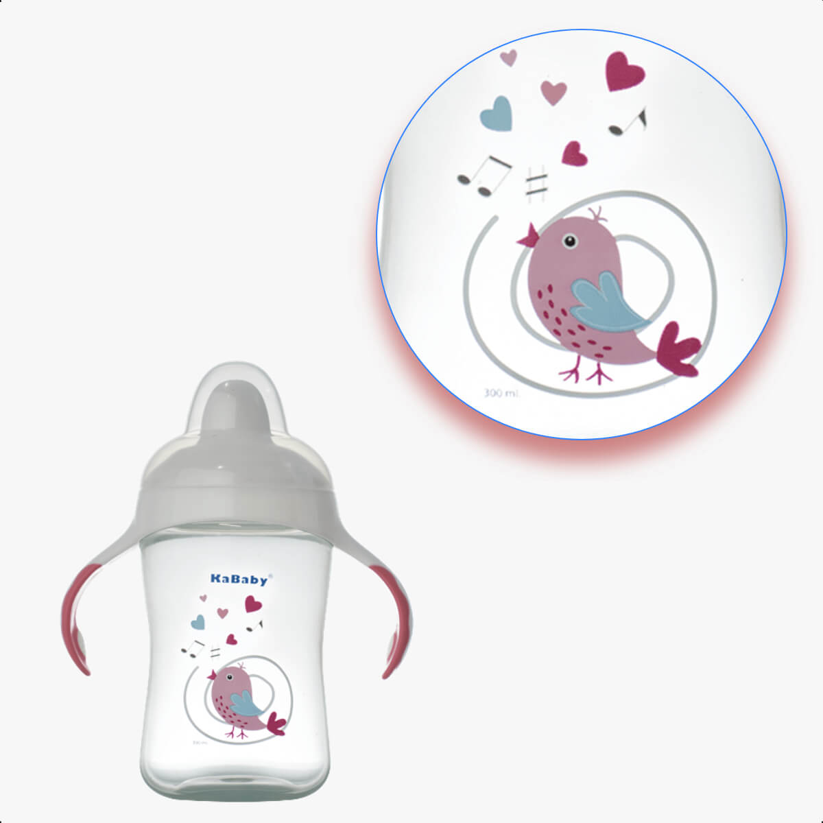 Copo Infantil de Transição com Bico Rígido e Alças 300ml +6 Meses Passaro Rosa Livre de BPA Caneca KaBaby - 1115R