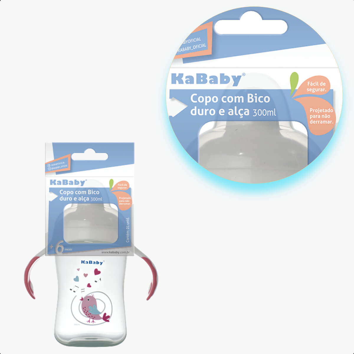 Copo Infantil de Transição com Bico Rígido e Alças 300ml +6 Meses Passaro Rosa Livre de BPA Caneca KaBaby - 1115R