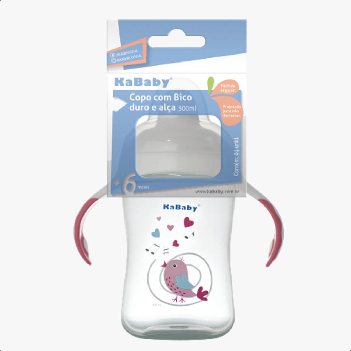 Copo Infantil de Transição com Bico Rígido e Alças 300ml +6 Meses Passaro Rosa Livre de BPA Caneca KaBaby - 1115R