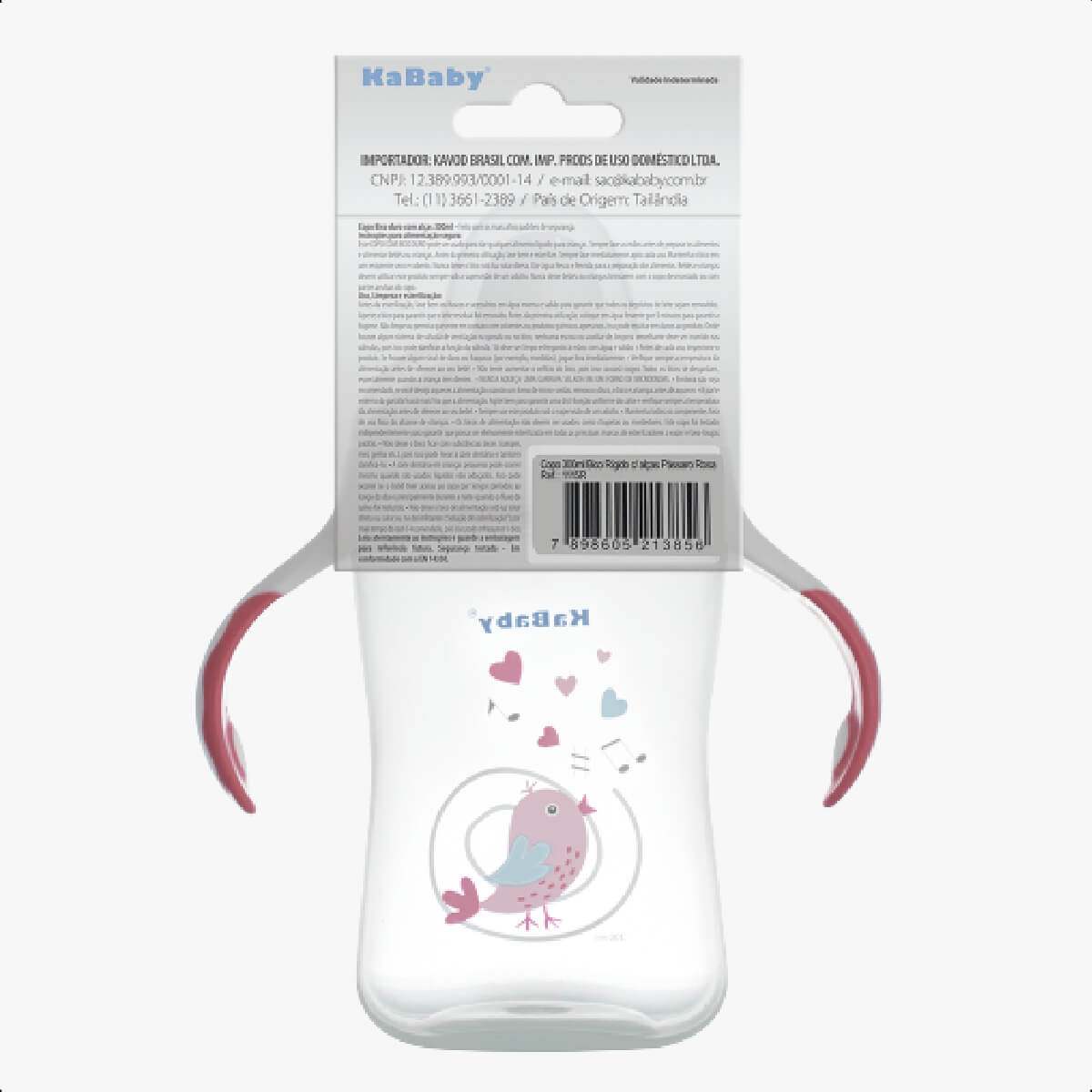 Copo Infantil de Transição com Bico Rígido e Alças 300ml +6 Meses Passaro Rosa Livre de BPA Caneca KaBaby - 1115R