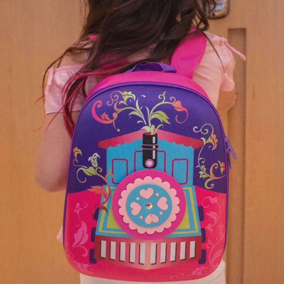 Mochila Infantil de Passeio Trenzinho Com Zíper e Alças Ajustáveis Rosa Kababy - 16007B