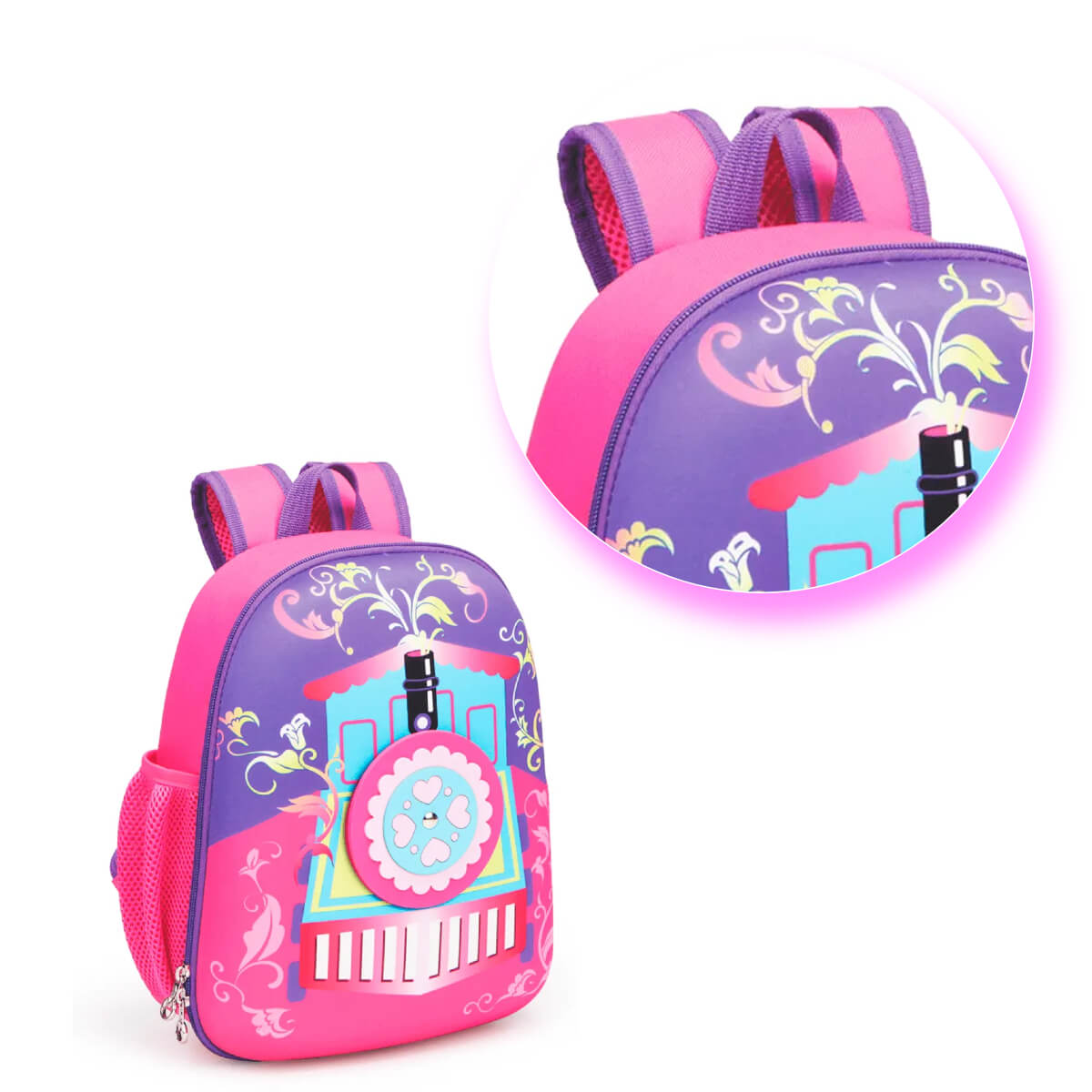 Mochila Infantil de Passeio Trenzinho Com Zíper e Alças Ajustáveis Rosa Kababy - 16007B